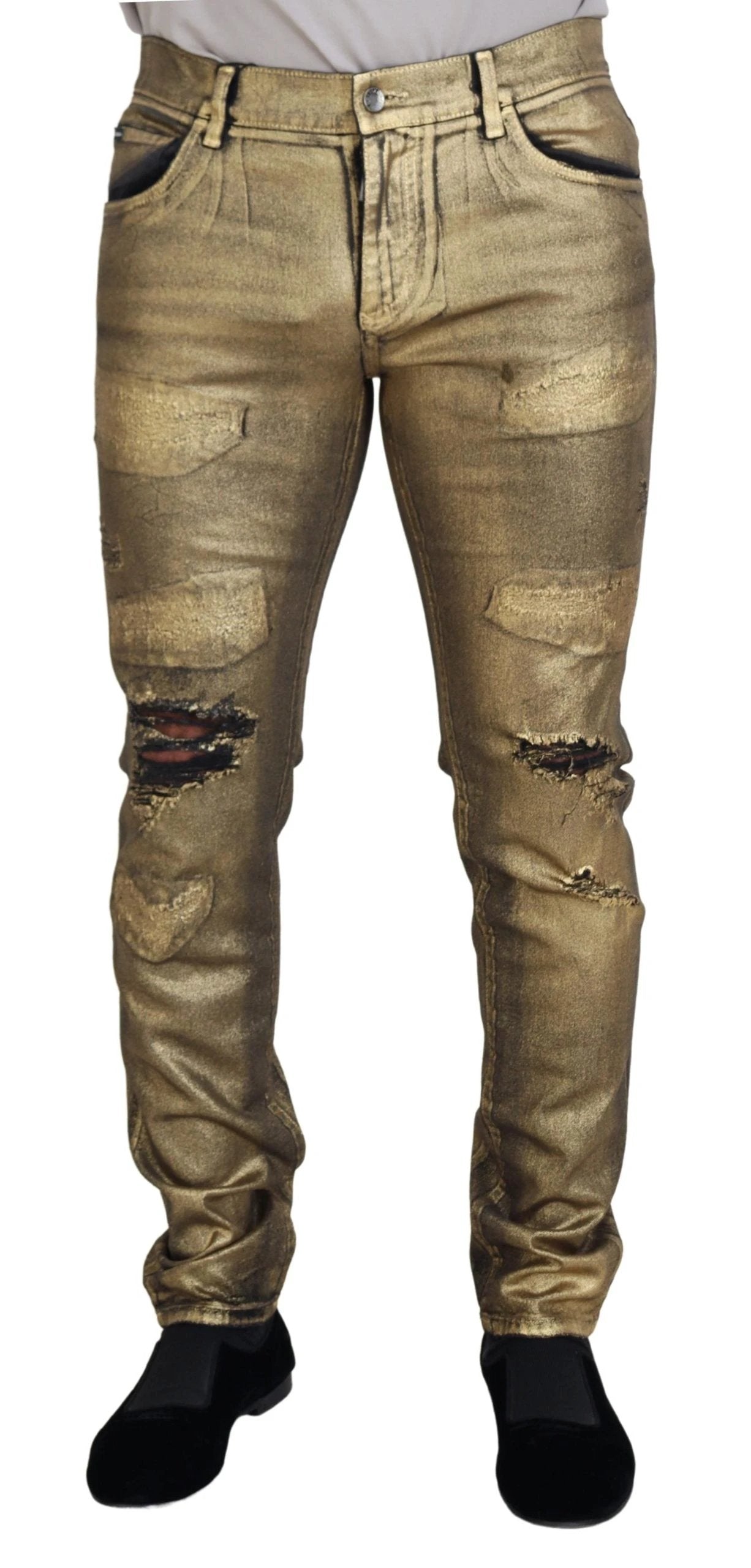 Dolce & Gabbana Gold Cotton Tattered Skinny Men Denim Jeans by Dolce & Gabbana
