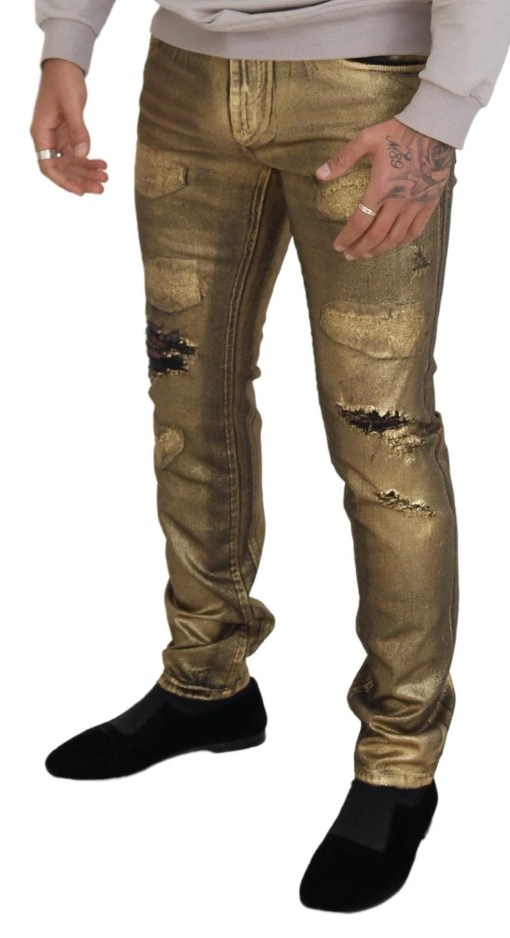 Dolce & Gabbana Gold Cotton Tattered Skinny Men Denim Jeans by Dolce & Gabbana
