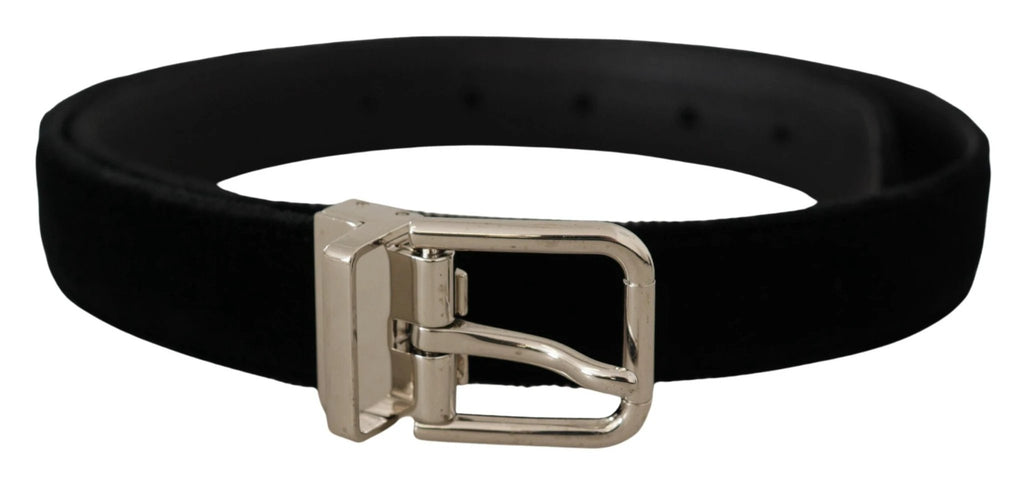 Dolce & Gabbana Black Velvet Silver Tone Metal Logo Buckle Belt by Dolce & Gabbana