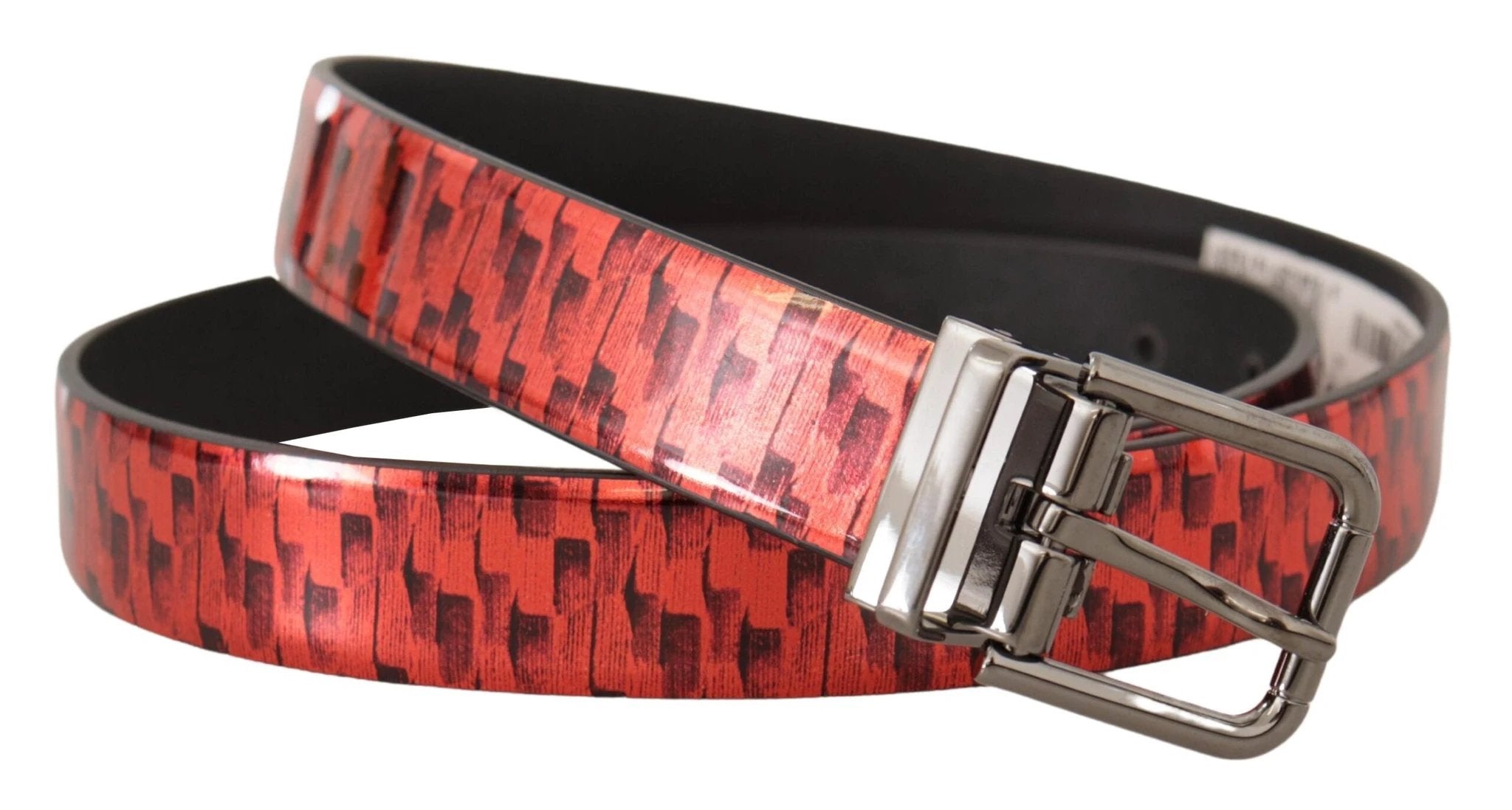 Dolce & Gabbana Red Herringbone Leather Gray Tone Buckle Belt by Dolce & Gabbana