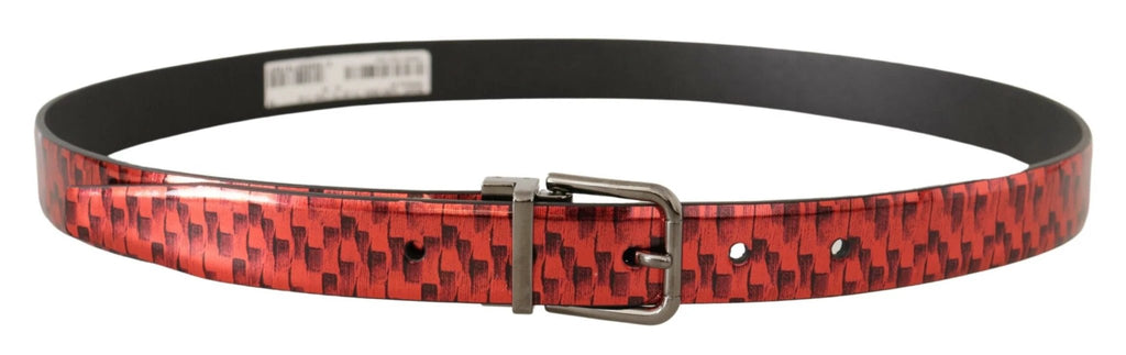 Dolce & Gabbana Red Herringbone Leather Gray Tone Buckle Belt by Dolce & Gabbana
