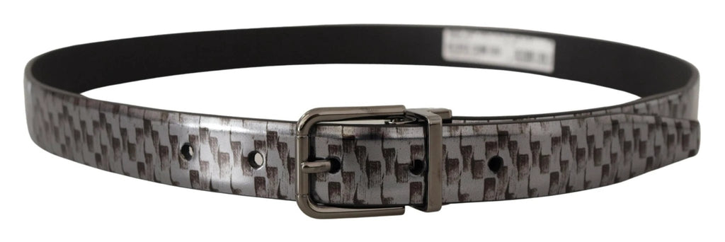 Dolce & Gabbana Gray Herringbone Leather Gray 3D Metal Buckle Belt by Dolce & Gabbana