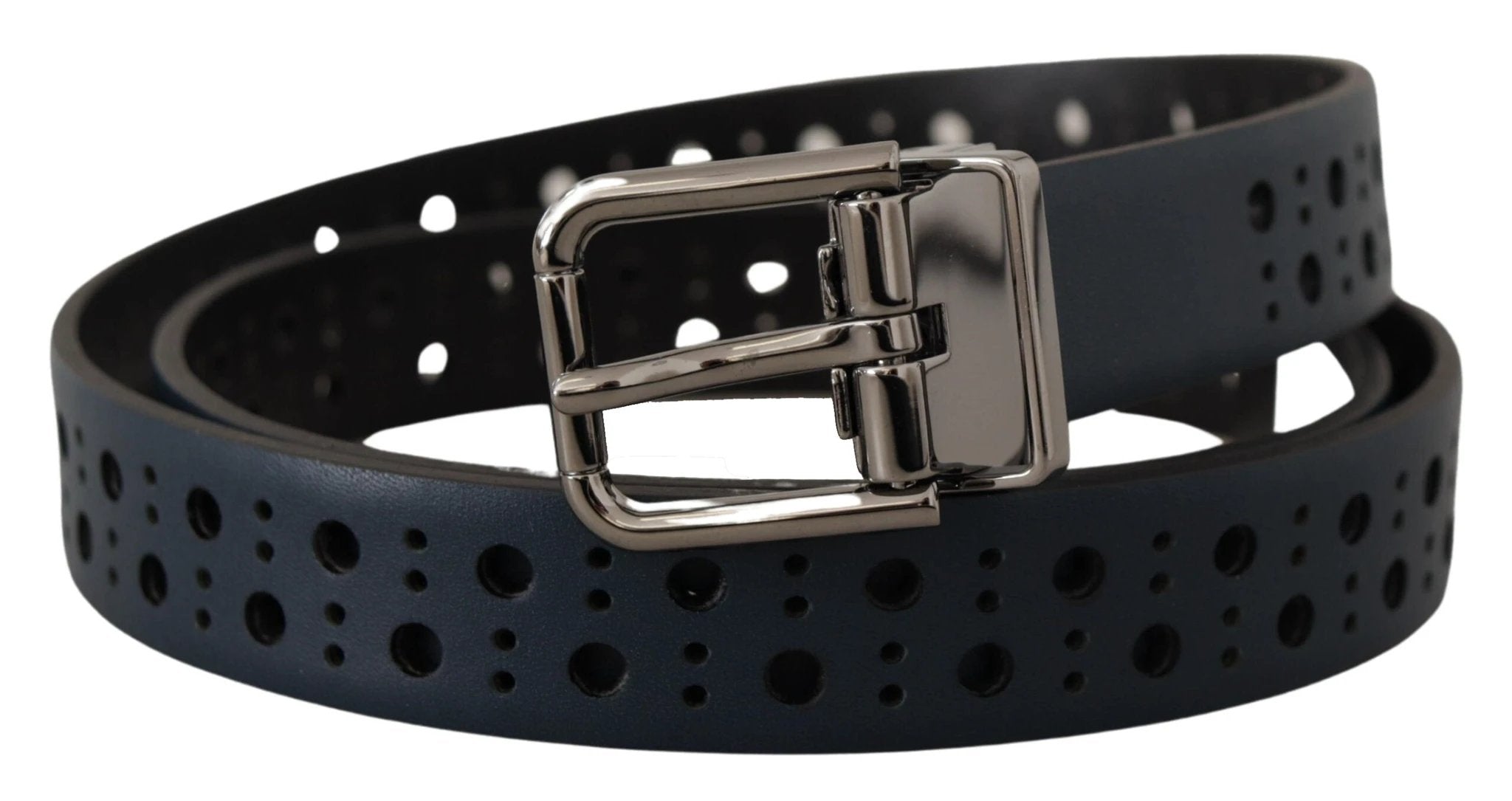 Dolce & Gabbana Navy Blue Perforated Leather Skinny Metal Buckle Belt by Dolce & Gabbana