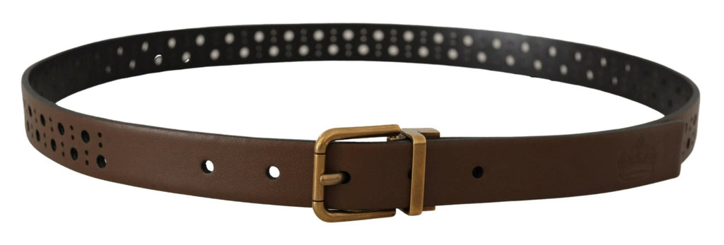 Dolce & Gabbana Brown Leather Perforated Crown Belt by Dolce & Gabbana