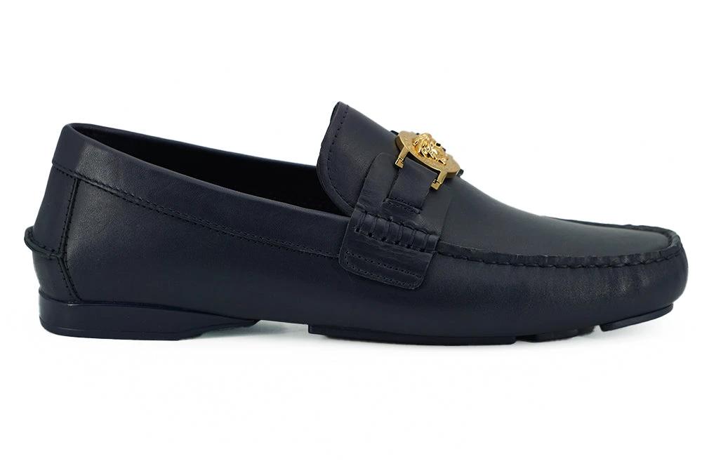 Versace Navy Blue Calf Leather Loafers Shoes by Versace