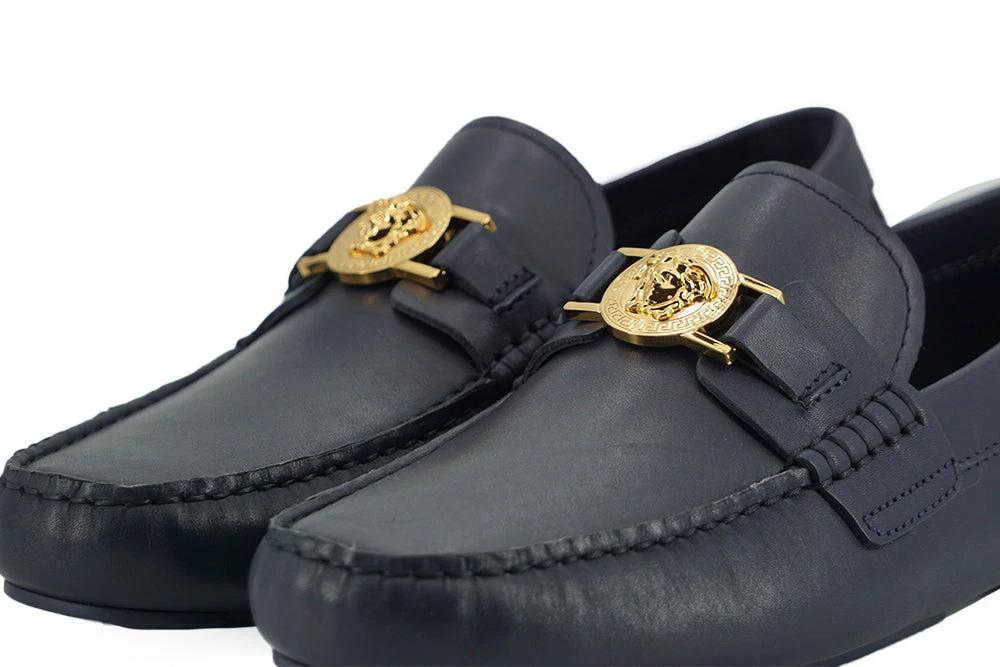 Versace Navy Blue Calf Leather Loafers Shoes by Versace