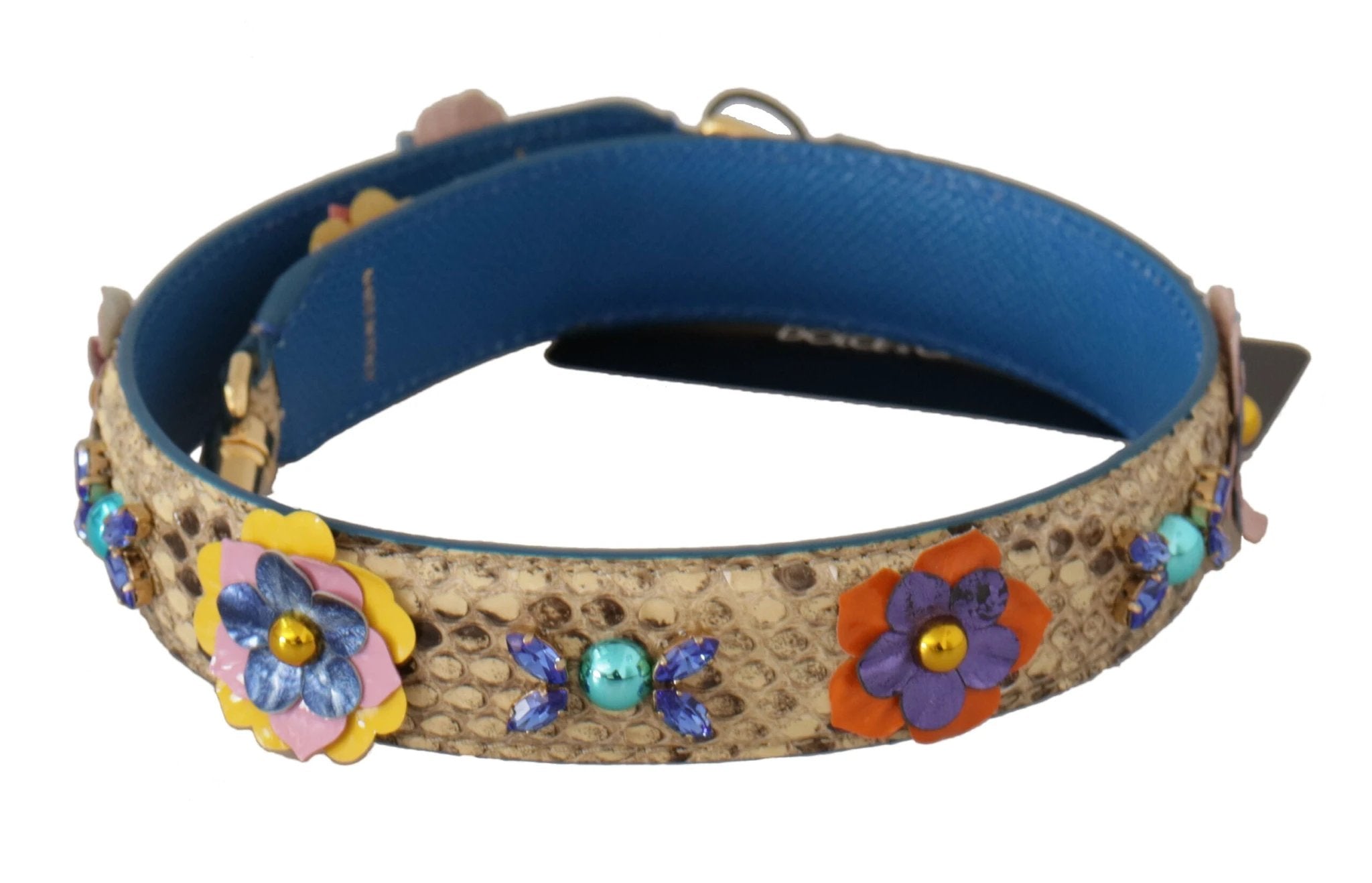 Dolce & Gabbana Beige Python Leather Floral Studded Shoulder Strap by Dolce & Gabbana