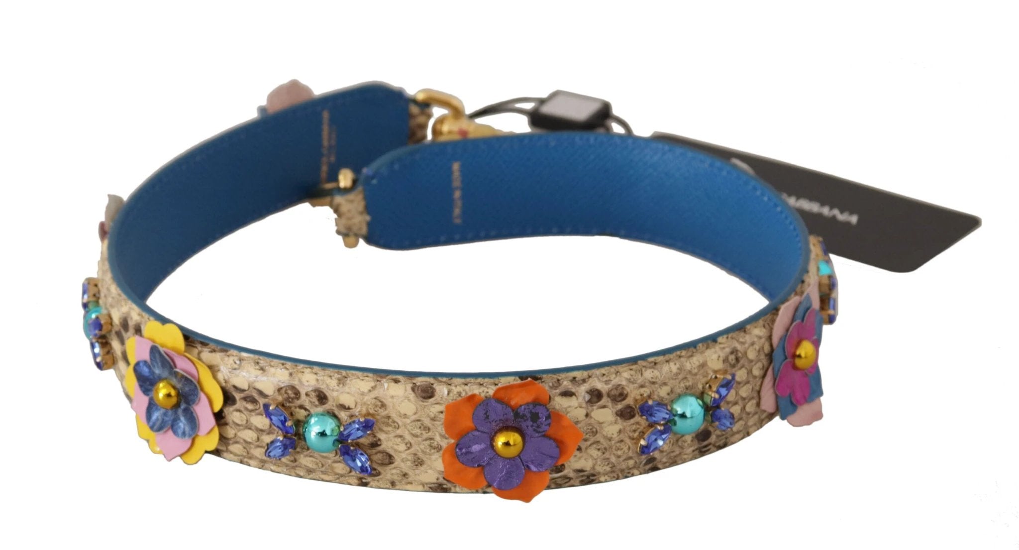 Dolce & Gabbana Beige Python Leather Floral Studded Shoulder Strap by Dolce & Gabbana