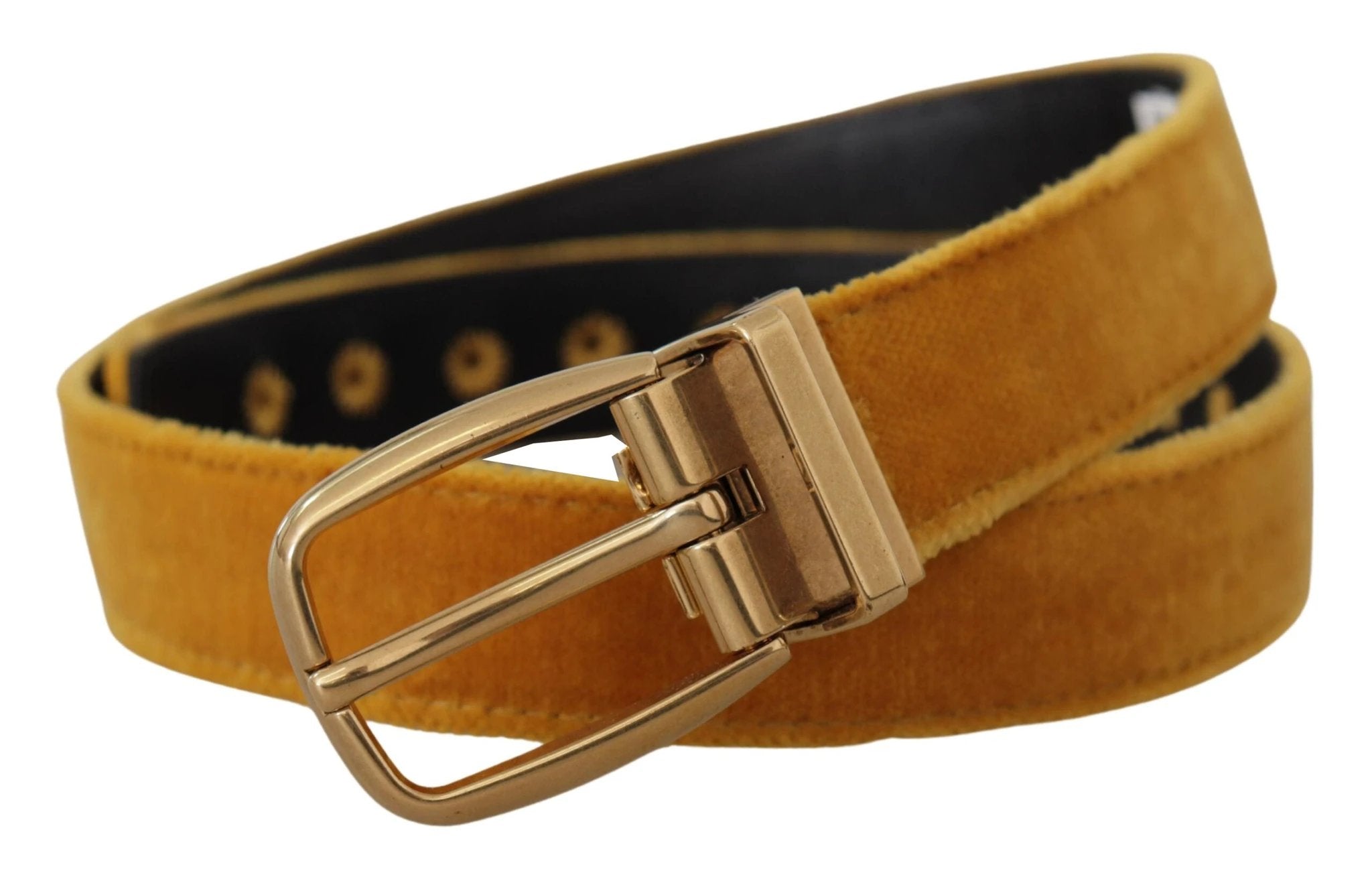 Dolce & Gabbana Mustard Velvet Gold Logo Engraved Metal Buckle Belt by Dolce & Gabbana