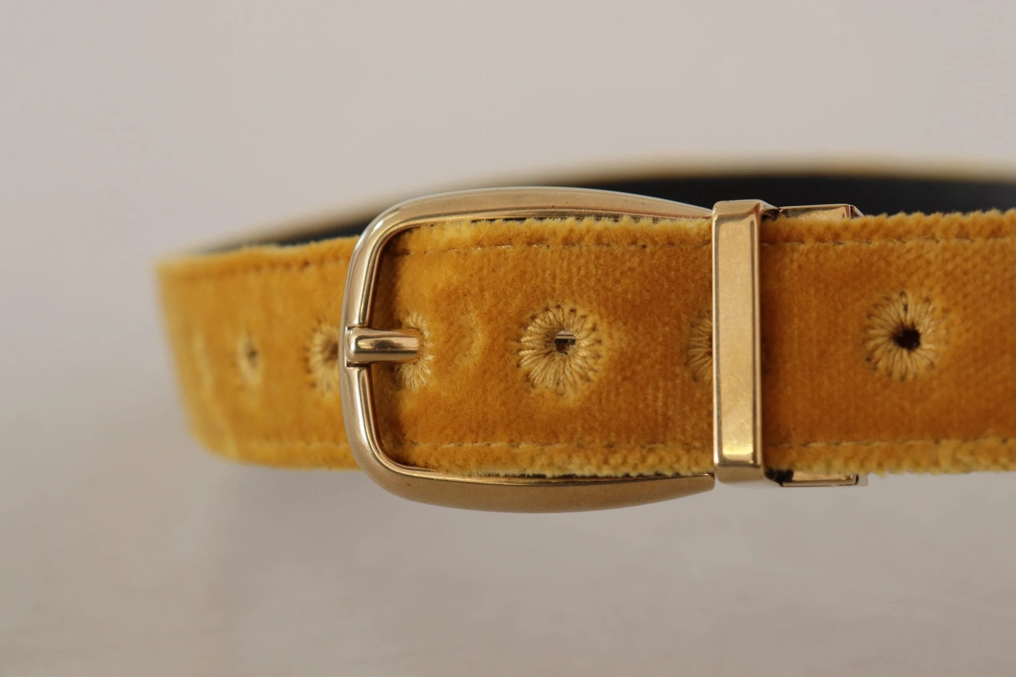 Dolce & Gabbana Mustard Velvet Gold Logo Engraved Metal Buckle Belt by Dolce & Gabbana
