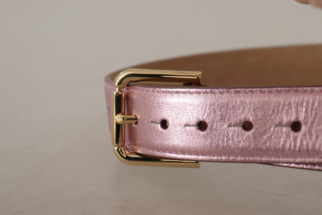 Dolce & Gabbana Metallic Pink Polished Leather Logo Metal Buckle Belt by Dolce & Gabbana