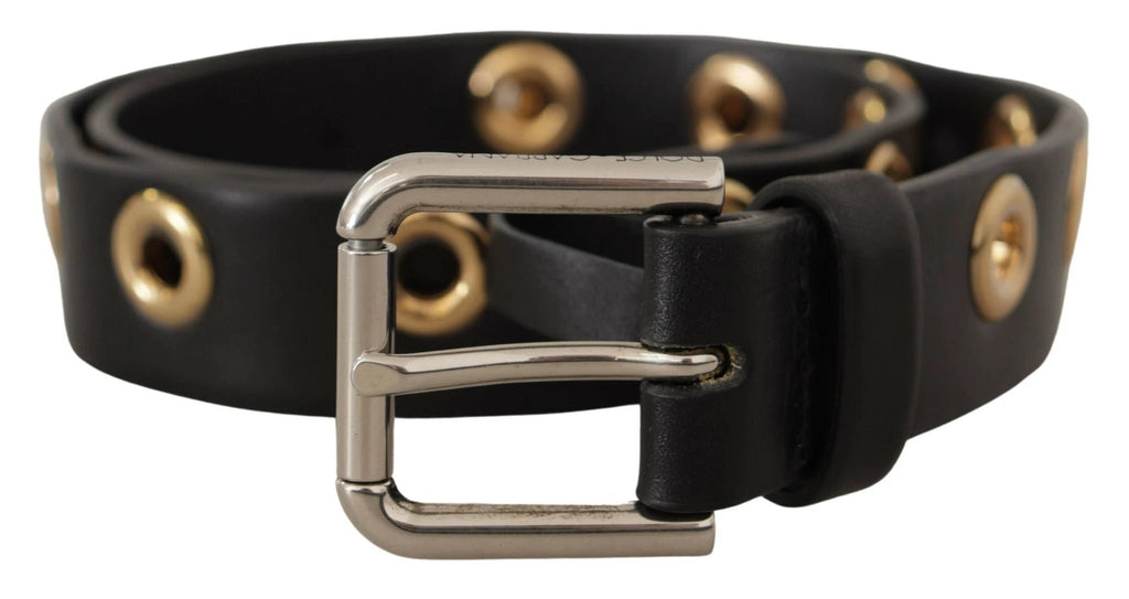 Dolce & Gabbana Black Leather Eyelet Silver Tone Metal Buckle Belt by Dolce & Gabbana