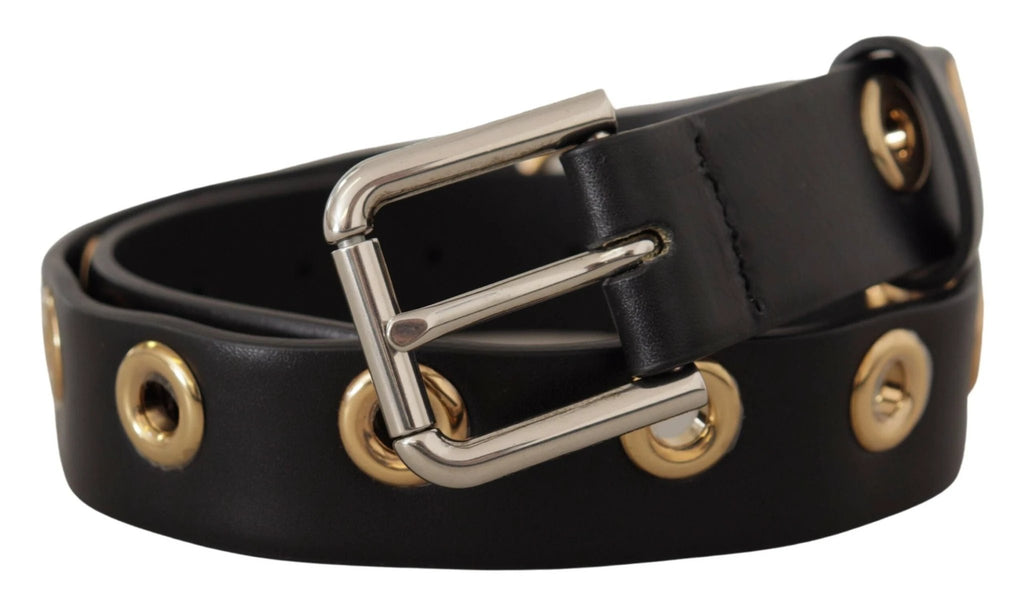 Dolce & Gabbana Black Leather Eyelet Silver Tone Metal Buckle Belt by Dolce & Gabbana