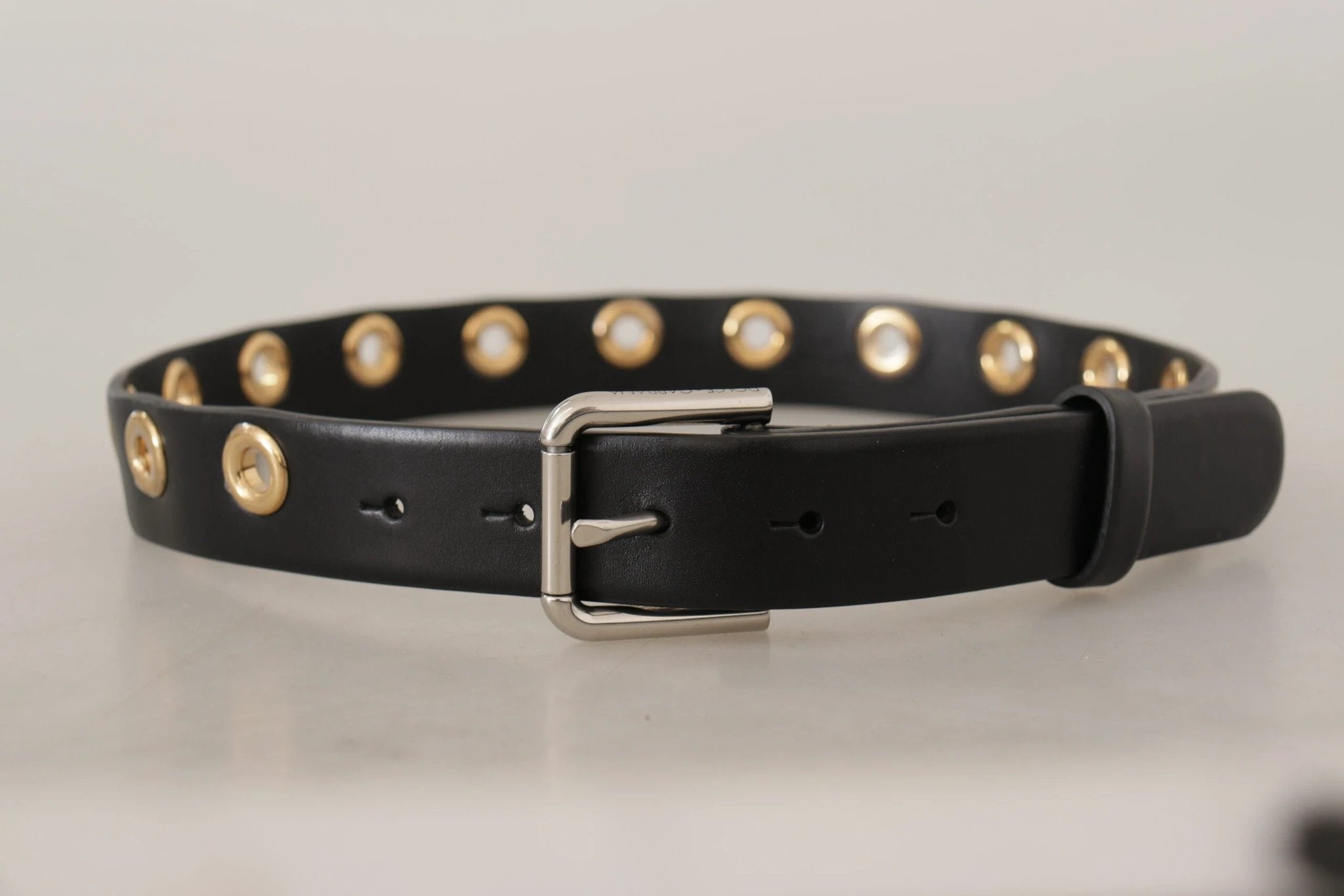Dolce & Gabbana Black Leather Eyelet Silver Tone Metal Buckle Belt by Dolce & Gabbana
