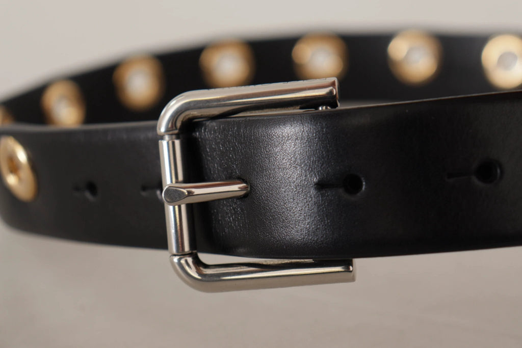 Dolce & Gabbana Black Leather Eyelet Silver Tone Metal Buckle Belt by Dolce & Gabbana