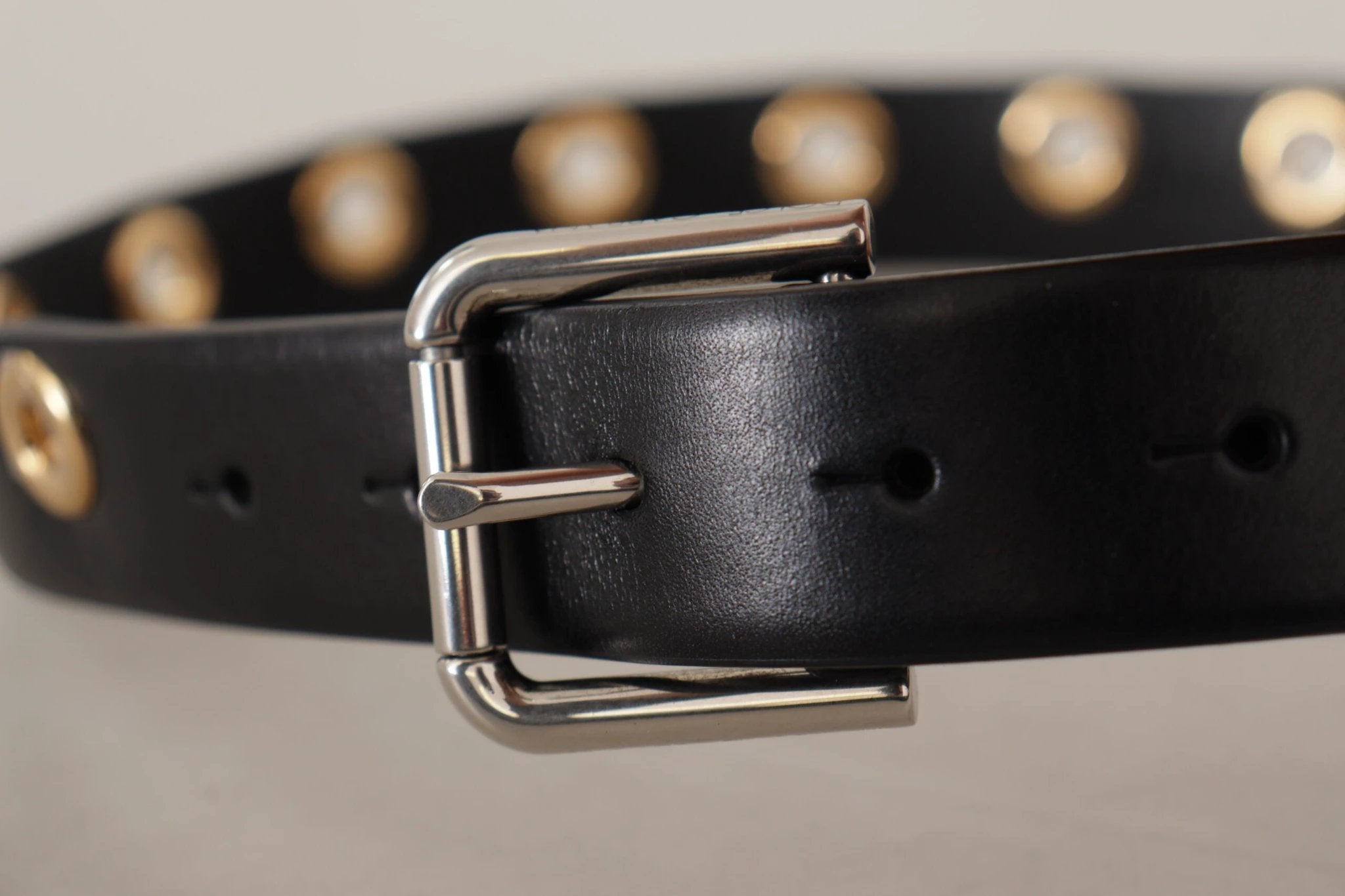 Dolce & Gabbana Black Leather Eyelet Silver Tone Metal Buckle Belt by Dolce & Gabbana
