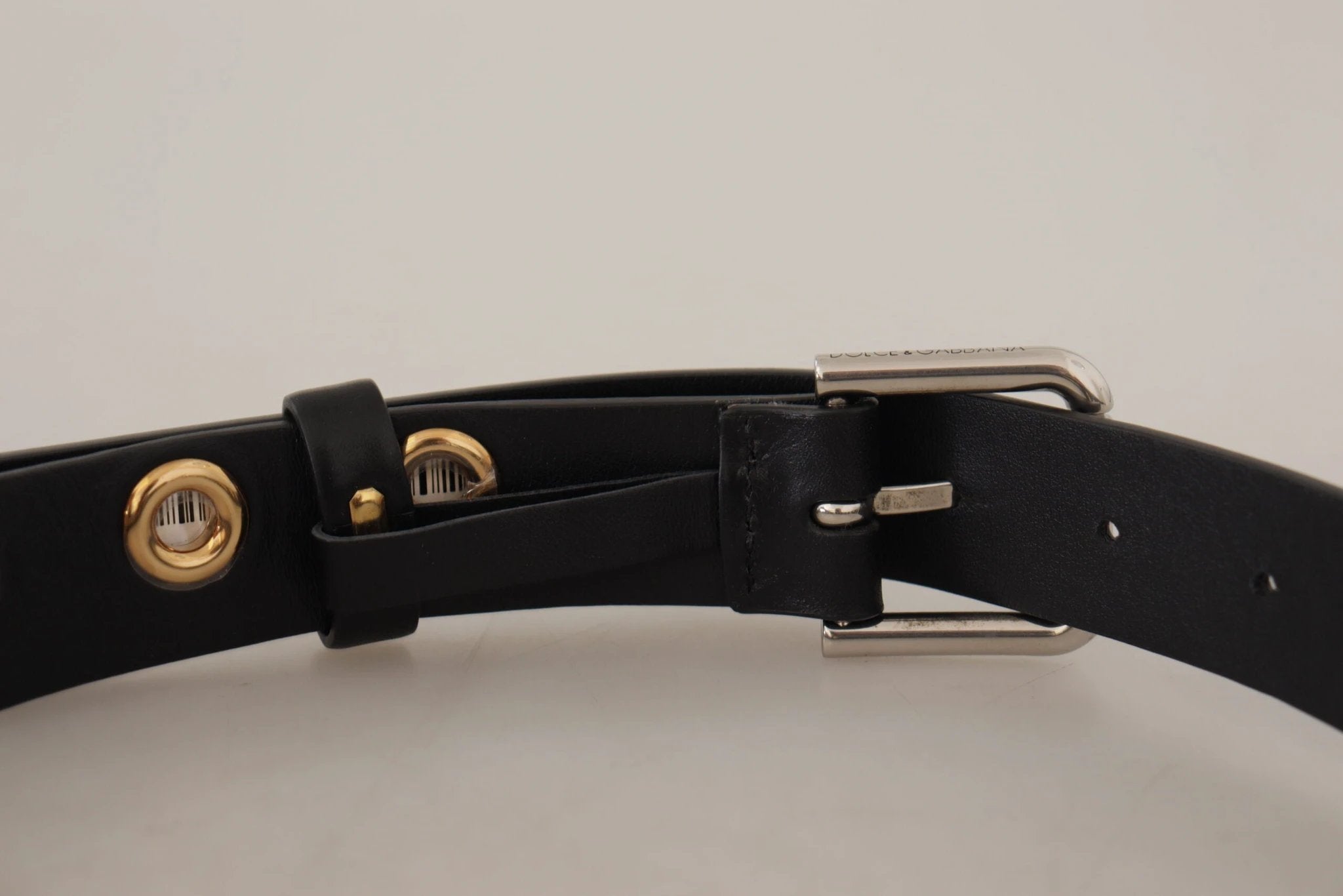 Dolce & Gabbana Black Leather Eyelet Silver Tone Metal Buckle Belt by Dolce & Gabbana
