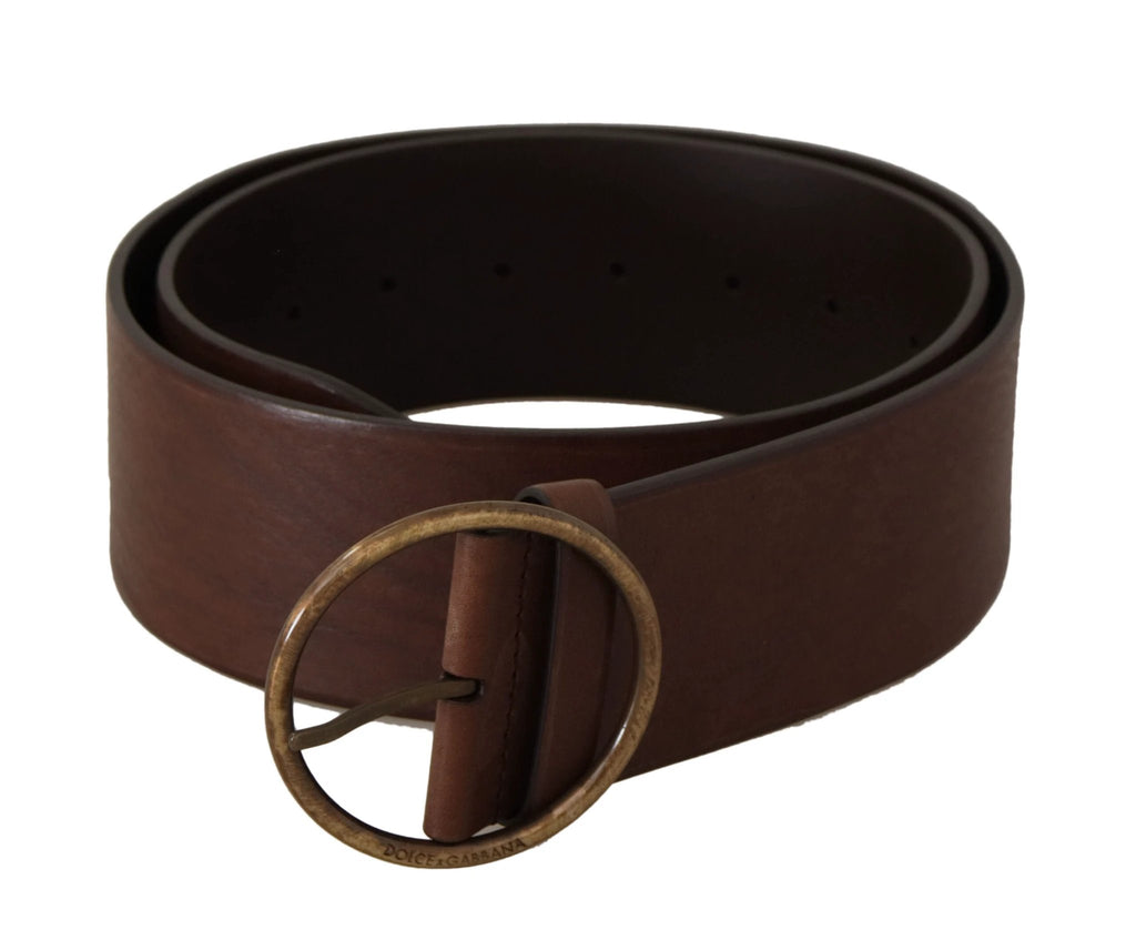 Dolce & Gabbana Brown Leather Wide Waist Logo Metal Round Buckle Belt by Dolce & Gabbana