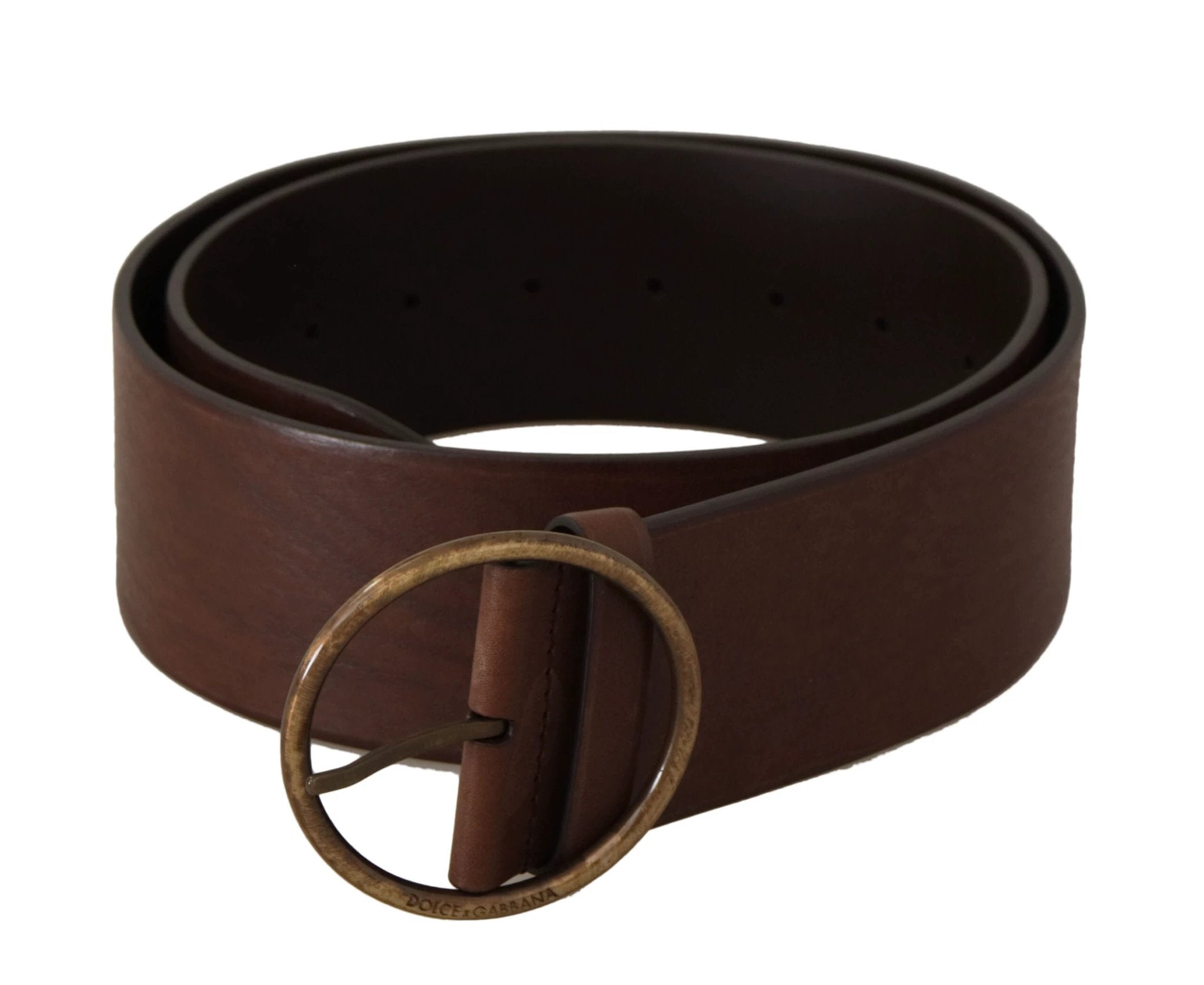 Dolce & Gabbana Brown Leather Wide Waist Logo Metal Round Buckle Belt by Dolce & Gabbana