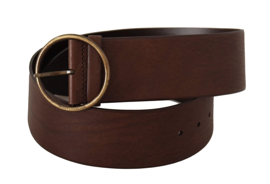 Dolce & Gabbana Brown Leather Wide Waist Logo Metal Round Buckle Belt by Dolce & Gabbana
