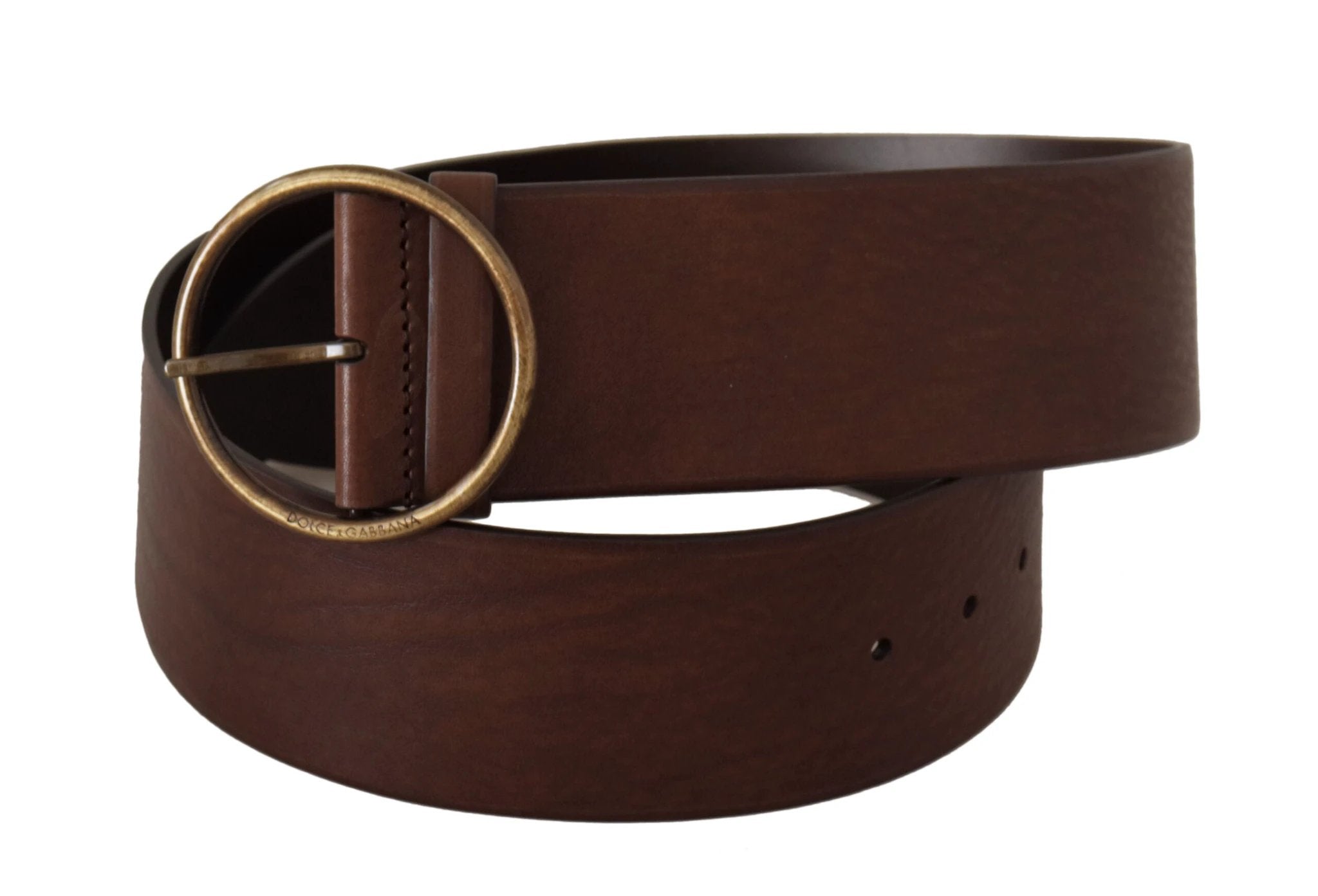 Dolce & Gabbana Brown Leather Wide Waist Logo Metal Round Buckle Belt by Dolce & Gabbana