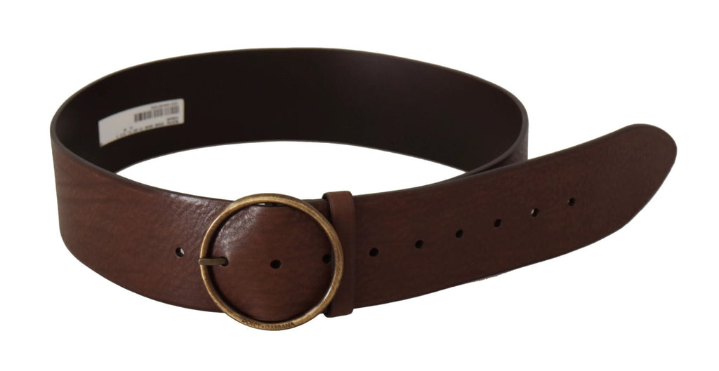 Dolce & Gabbana Brown Leather Wide Waist Logo Metal Round Buckle Belt by Dolce & Gabbana