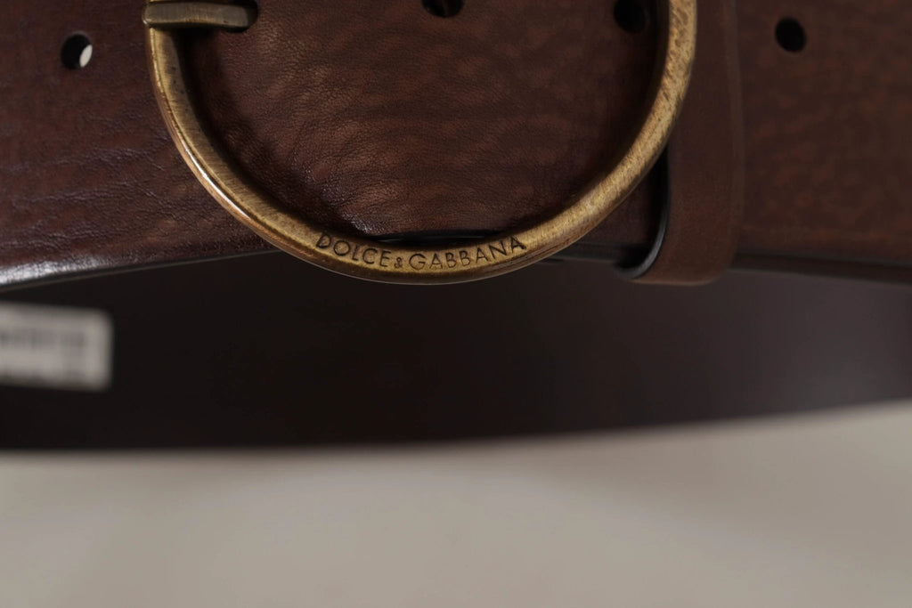 Dolce & Gabbana Brown Leather Wide Waist Logo Metal Round Buckle Belt by Dolce & Gabbana