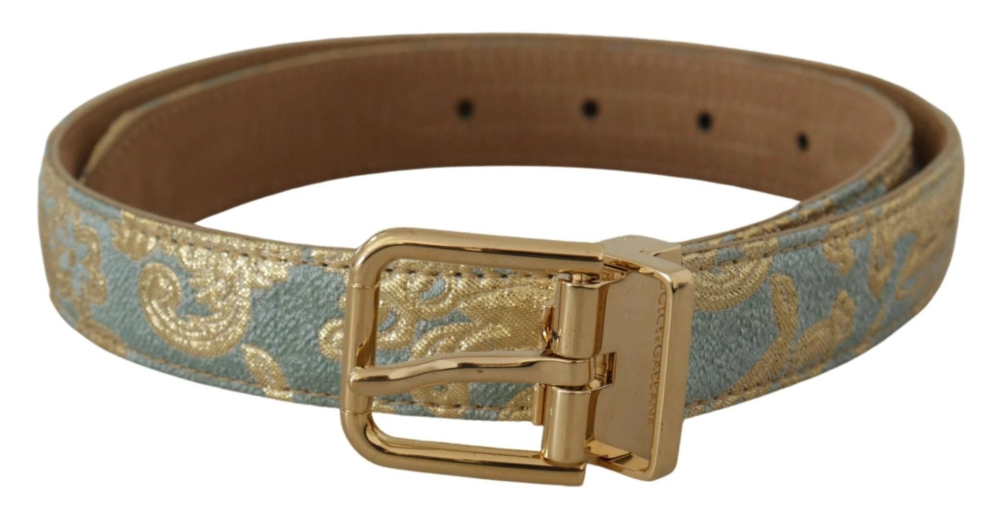 Dolce & Gabbana Blue Leather Jacquard Embossed Gold Metal Buckle Belt by Dolce & Gabbana