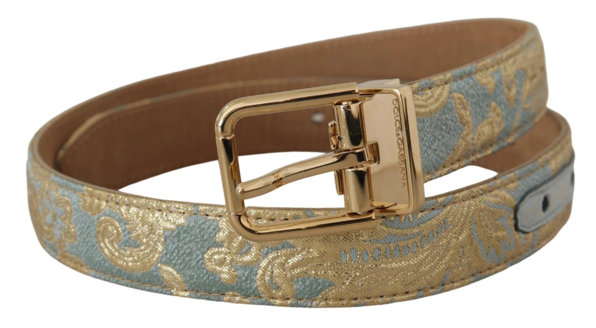 Dolce & Gabbana Blue Leather Jacquard Embossed Gold Metal Buckle Belt by Dolce & Gabbana