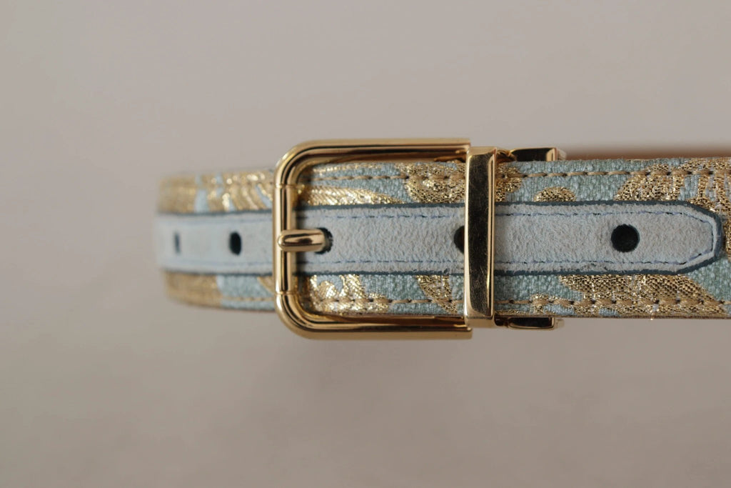 Dolce & Gabbana Blue Leather Jacquard Embossed Gold Metal Buckle Belt by Dolce & Gabbana