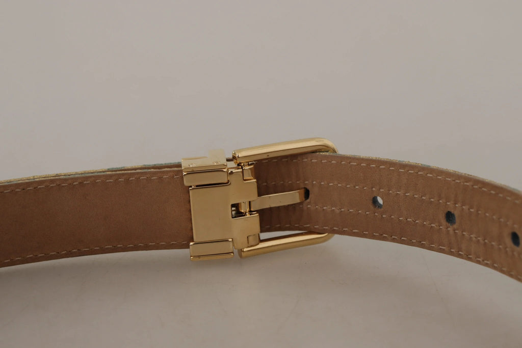 Dolce & Gabbana Blue Leather Jacquard Embossed Gold Metal Buckle Belt by Dolce & Gabbana