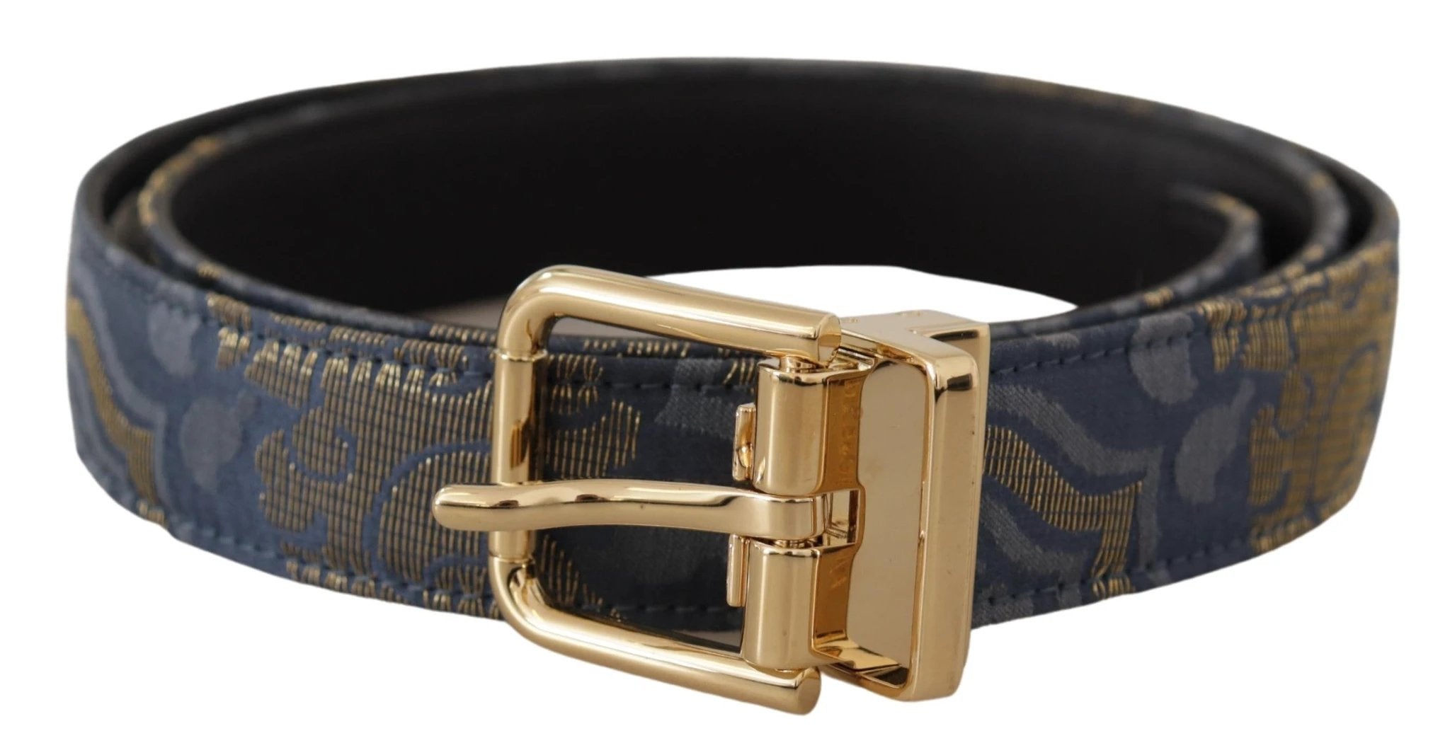 Dolce & Gabbana Navy Blue Jacquard Gold Tone Logo Metal Buckle Belt by Dolce & Gabbana