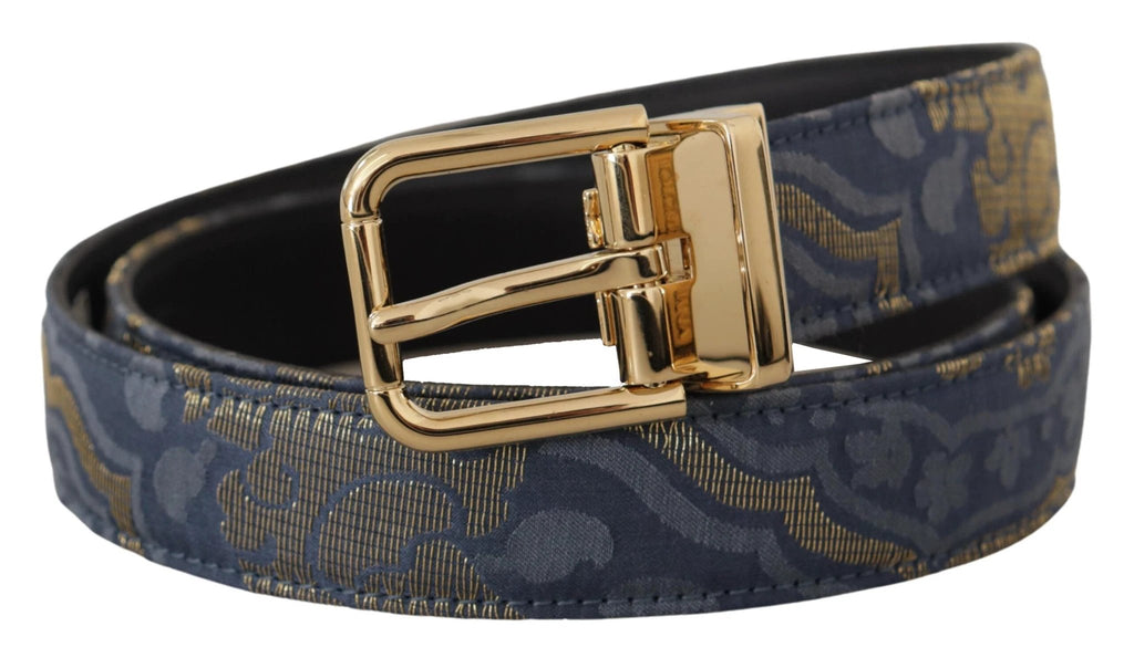 Dolce & Gabbana Navy Blue Jacquard Gold Tone Logo Metal Buckle Belt by Dolce & Gabbana