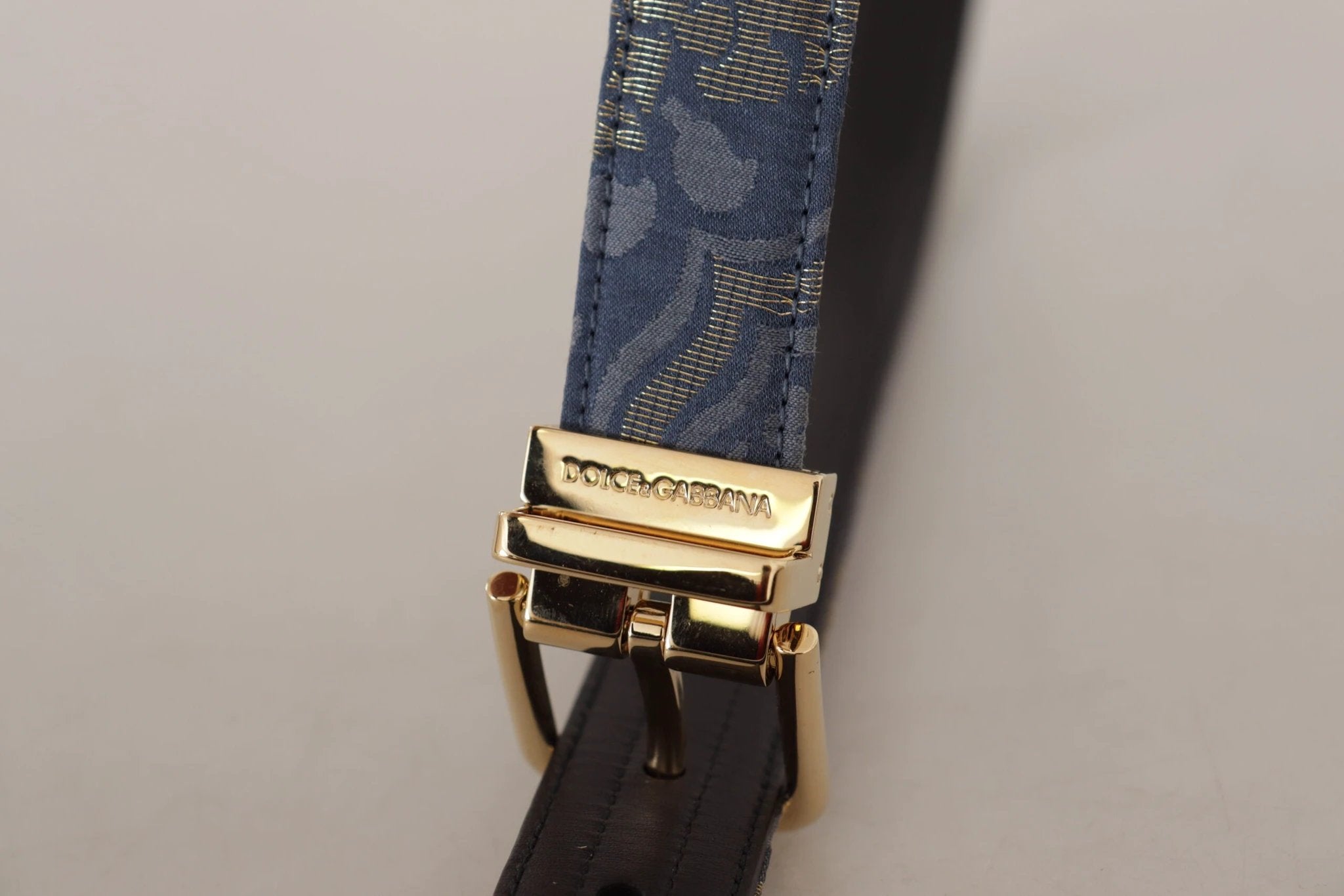 Dolce & Gabbana Navy Blue Jacquard Gold Tone Logo Metal Buckle Belt by Dolce & Gabbana