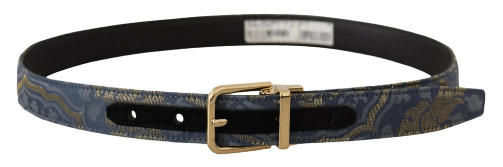 Dolce & Gabbana Navy Blue Jacquard Gold Tone Logo Metal Buckle Belt by Dolce & Gabbana