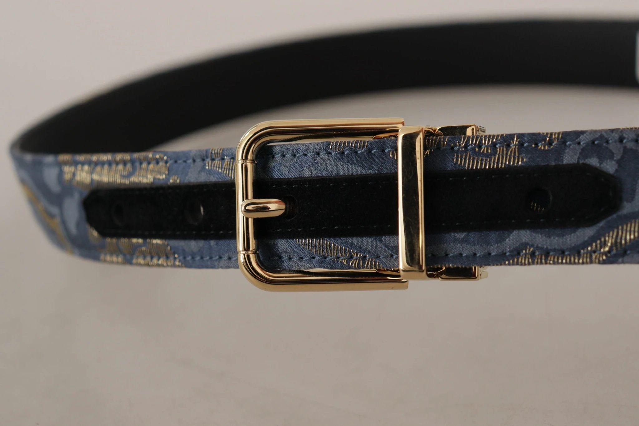 Dolce & Gabbana Navy Blue Jacquard Gold Tone Logo Metal Buckle Belt by Dolce & Gabbana