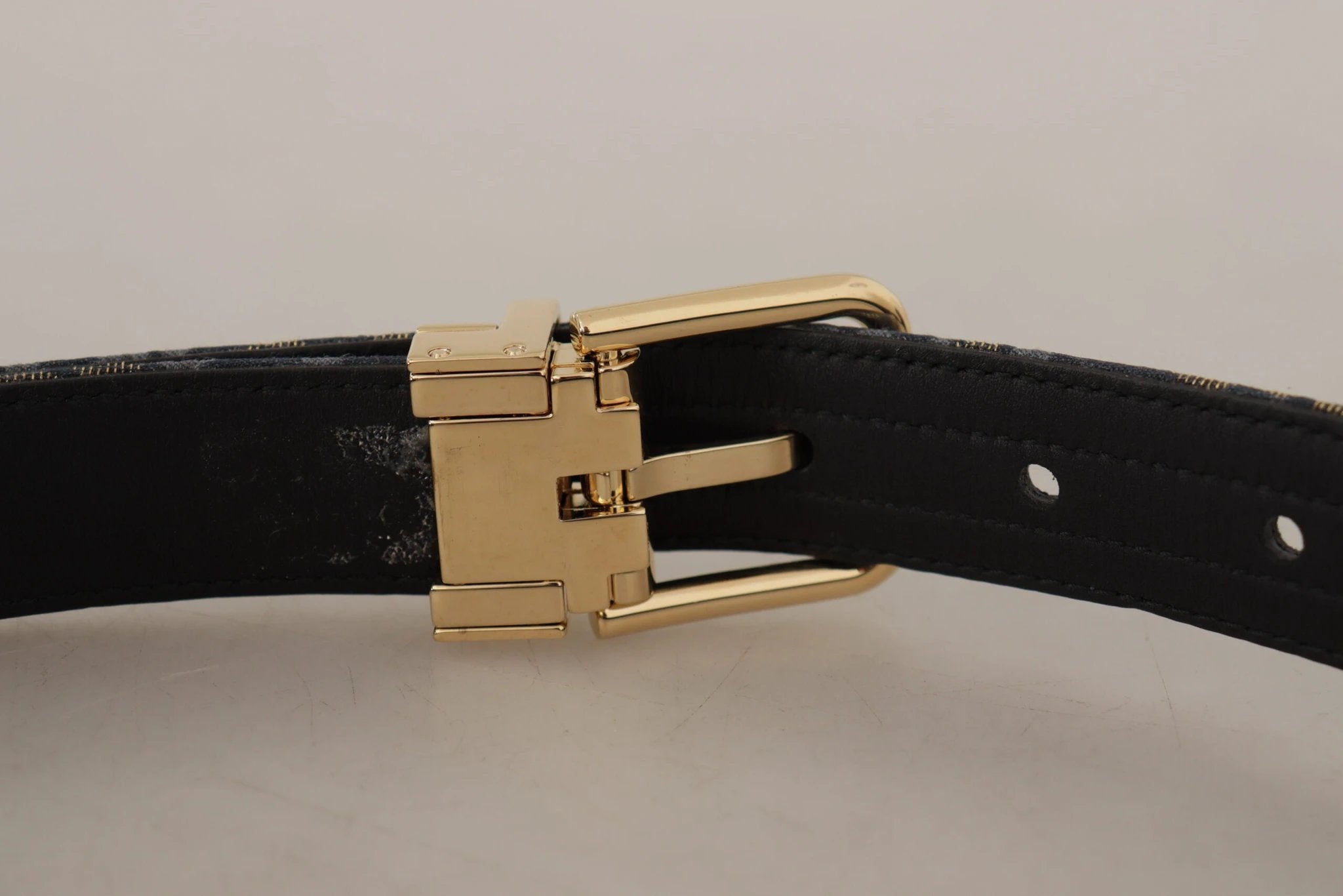 Dolce & Gabbana Navy Blue Jacquard Gold Tone Logo Metal Buckle Belt by Dolce & Gabbana