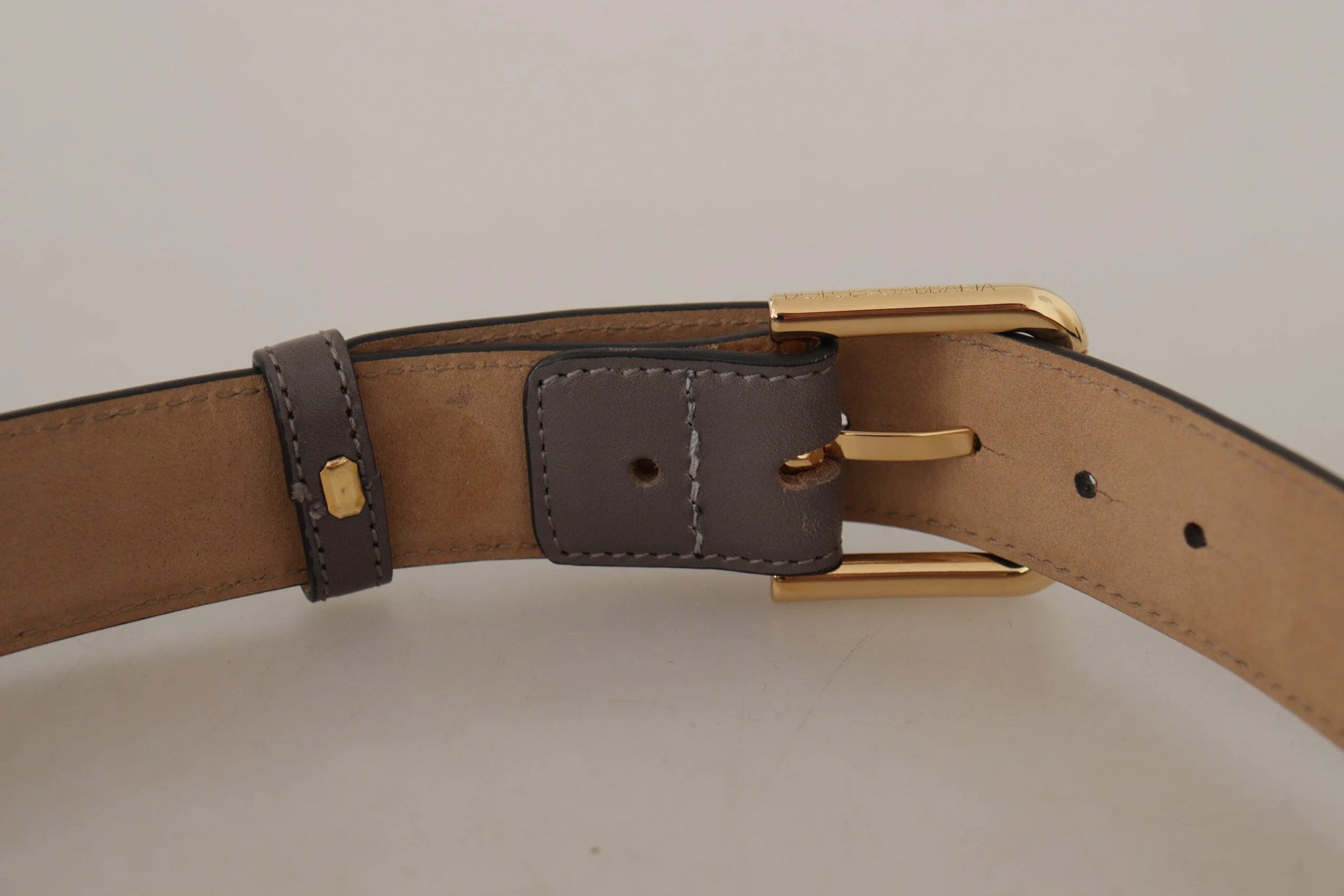 Ceinture Dolce &amp; Gabbana en cuir de veau gris avec boucle logo en métal doré