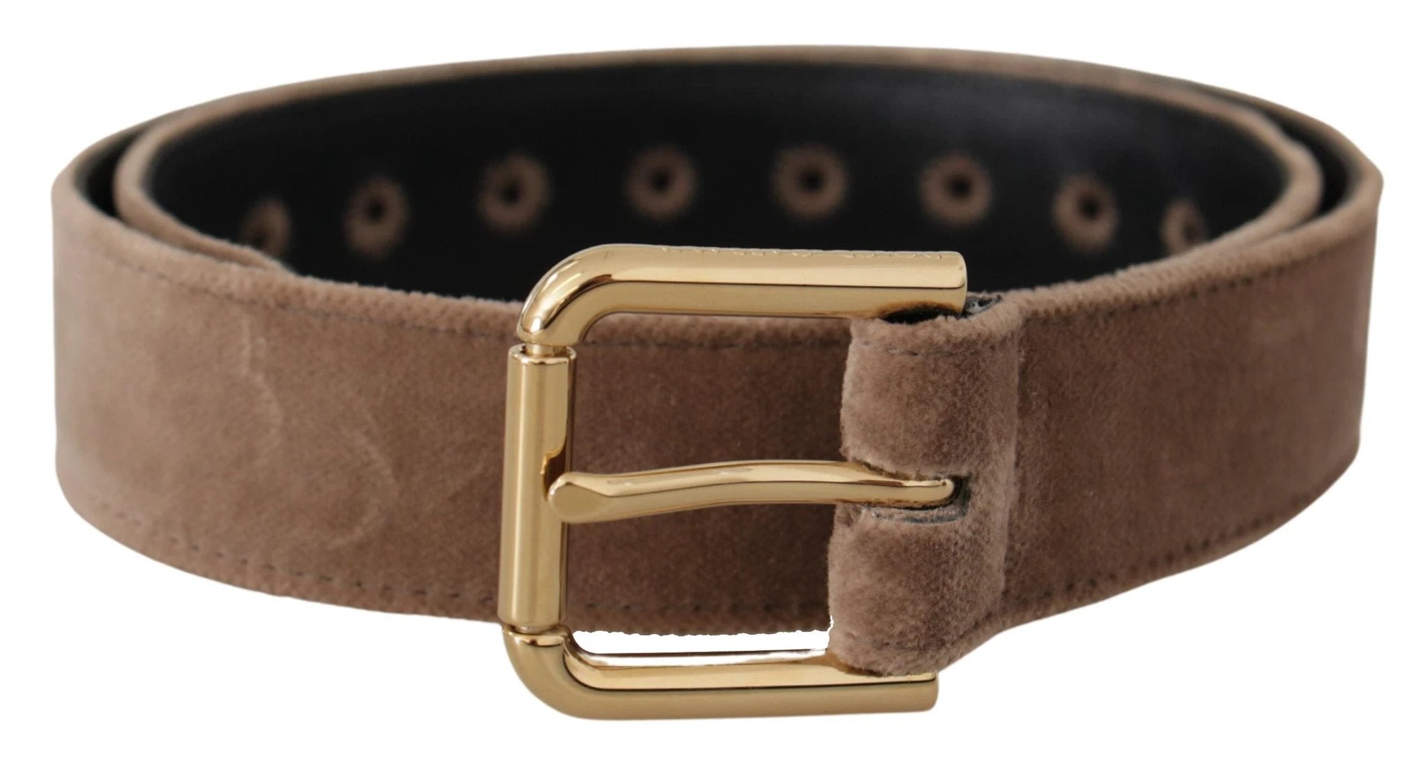 Dolce & Gabbana Light Brown Velvet Gold Tone Logo Metal Buckle Belt by Dolce & Gabbana