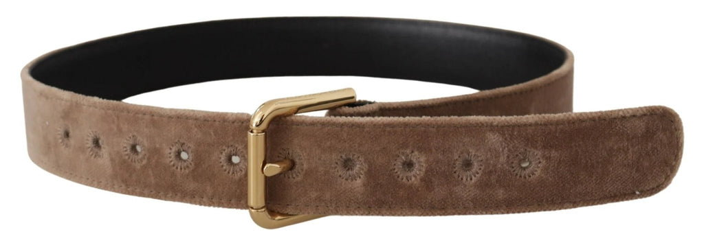 Dolce & Gabbana Light Brown Velvet Gold Tone Logo Metal Buckle Belt by Dolce & Gabbana