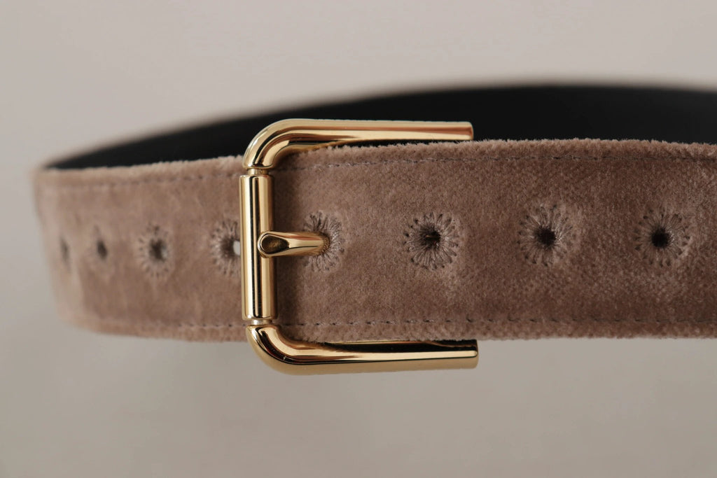 Dolce & Gabbana Light Brown Velvet Gold Tone Logo Metal Buckle Belt by Dolce & Gabbana