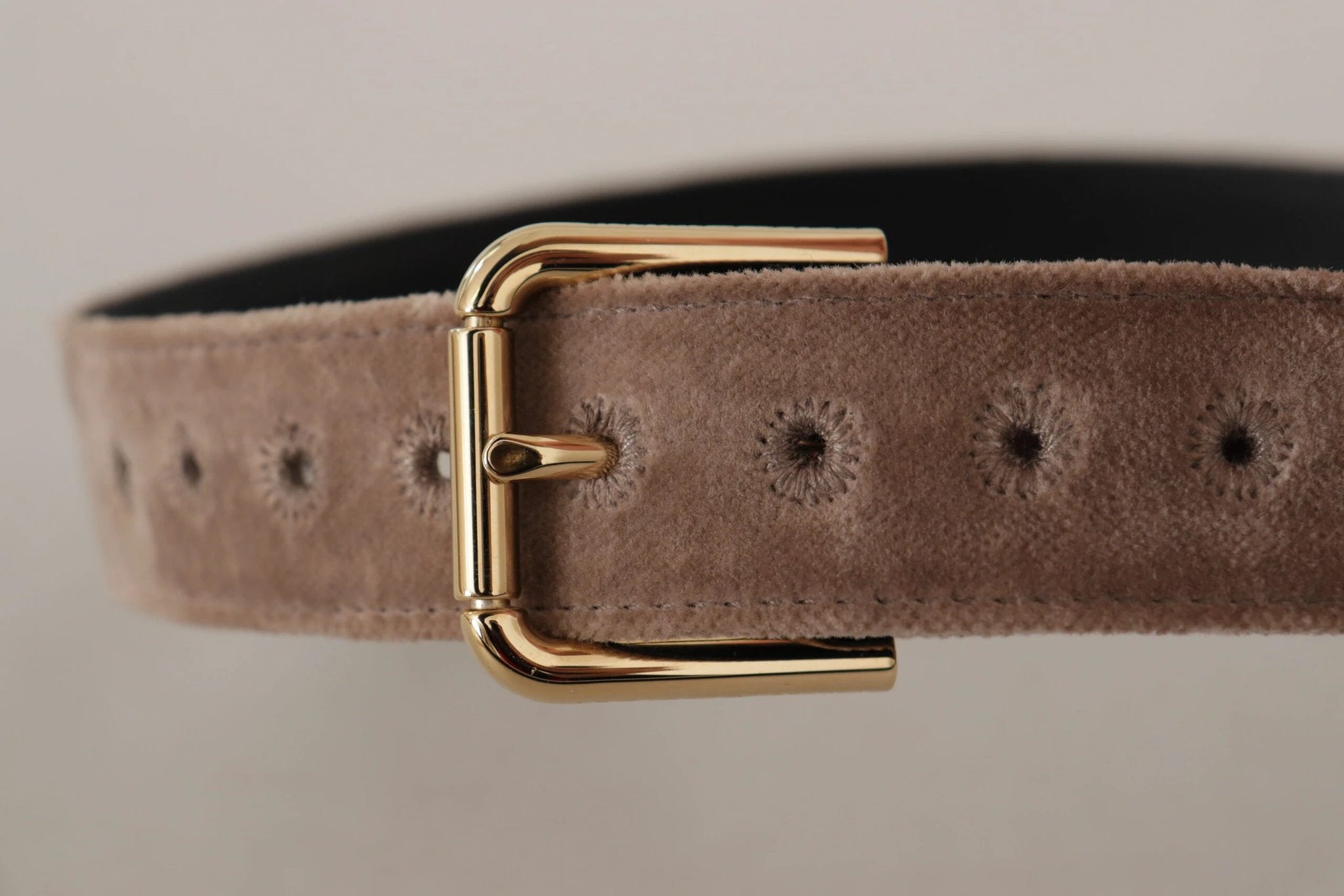 Dolce & Gabbana Light Brown Velvet Gold Tone Logo Metal Buckle Belt by Dolce & Gabbana
