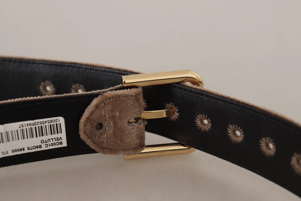 Dolce & Gabbana Light Brown Velvet Gold Tone Logo Metal Buckle Belt by Dolce & Gabbana