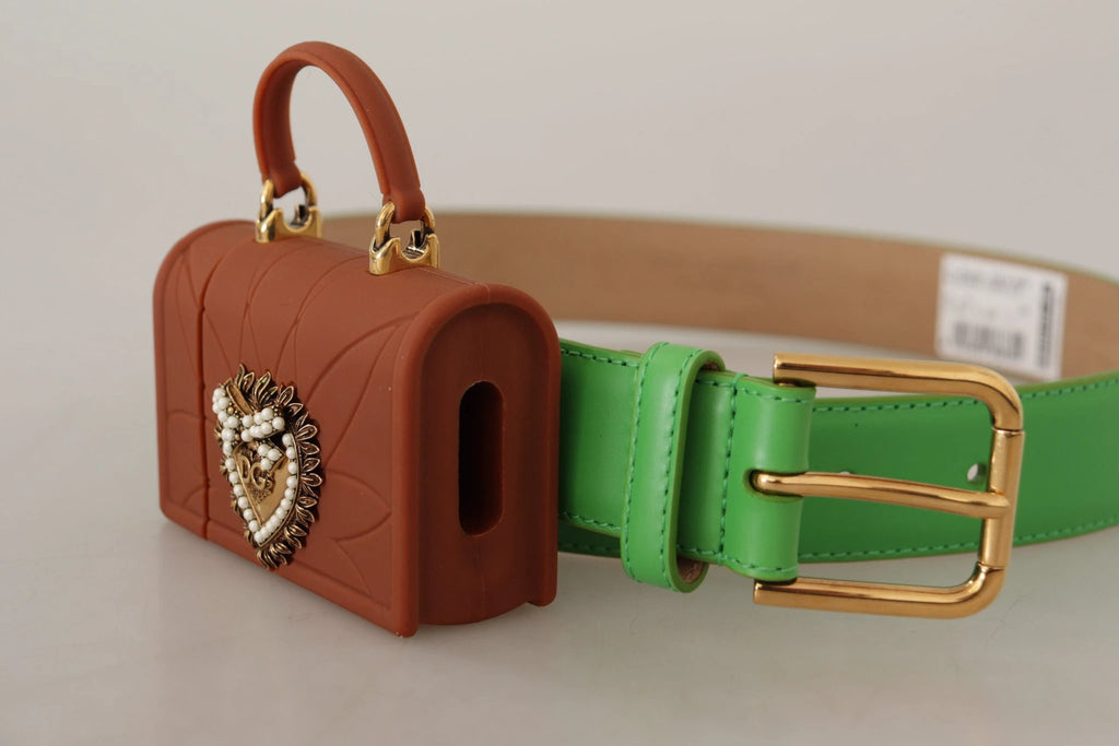 Dolce & Gabbana Green Leather Devotion Heart Micro Bag Headphones Belt by Dolce & Gabbana