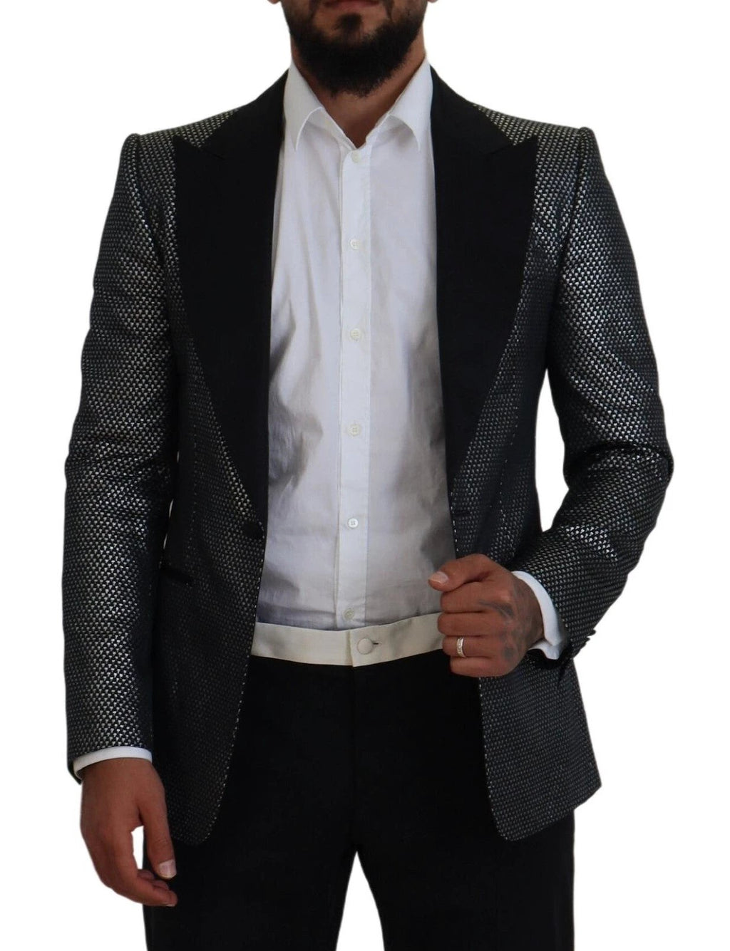 Dolce & Gabbana Black Silver Jacquard Slim Fit Jacket Blazer by Dolce & Gabbana
