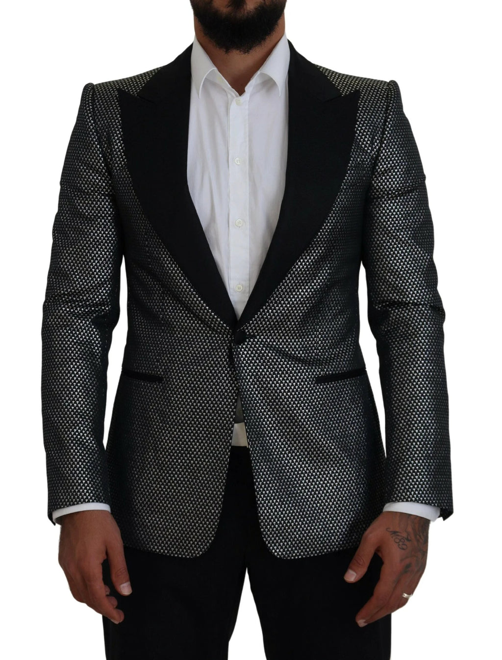 Dolce & Gabbana Black Silver Jacquard Slim Fit Jacket Blazer by Dolce & Gabbana