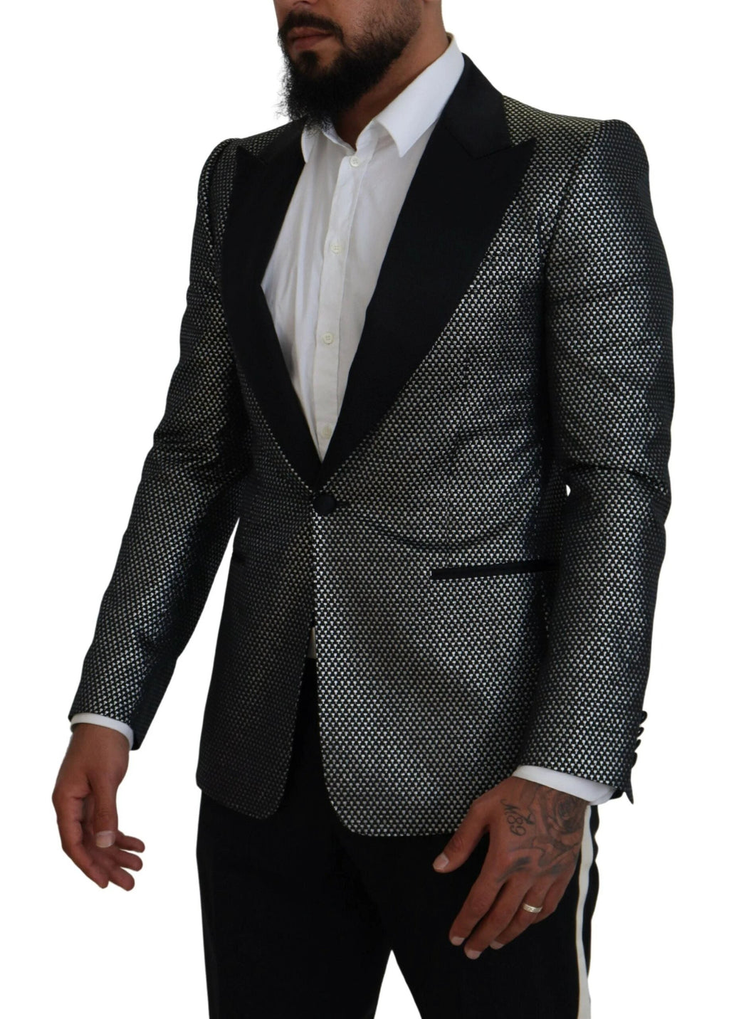 Dolce & Gabbana Black Silver Jacquard Slim Fit Jacket Blazer by Dolce & Gabbana