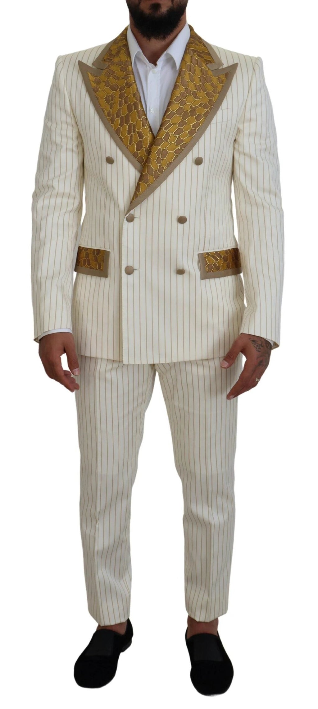 Dolce & Gabbana Off White Gold Striped Tuxedo Slim Fit Suit by Dolce & Gabbana