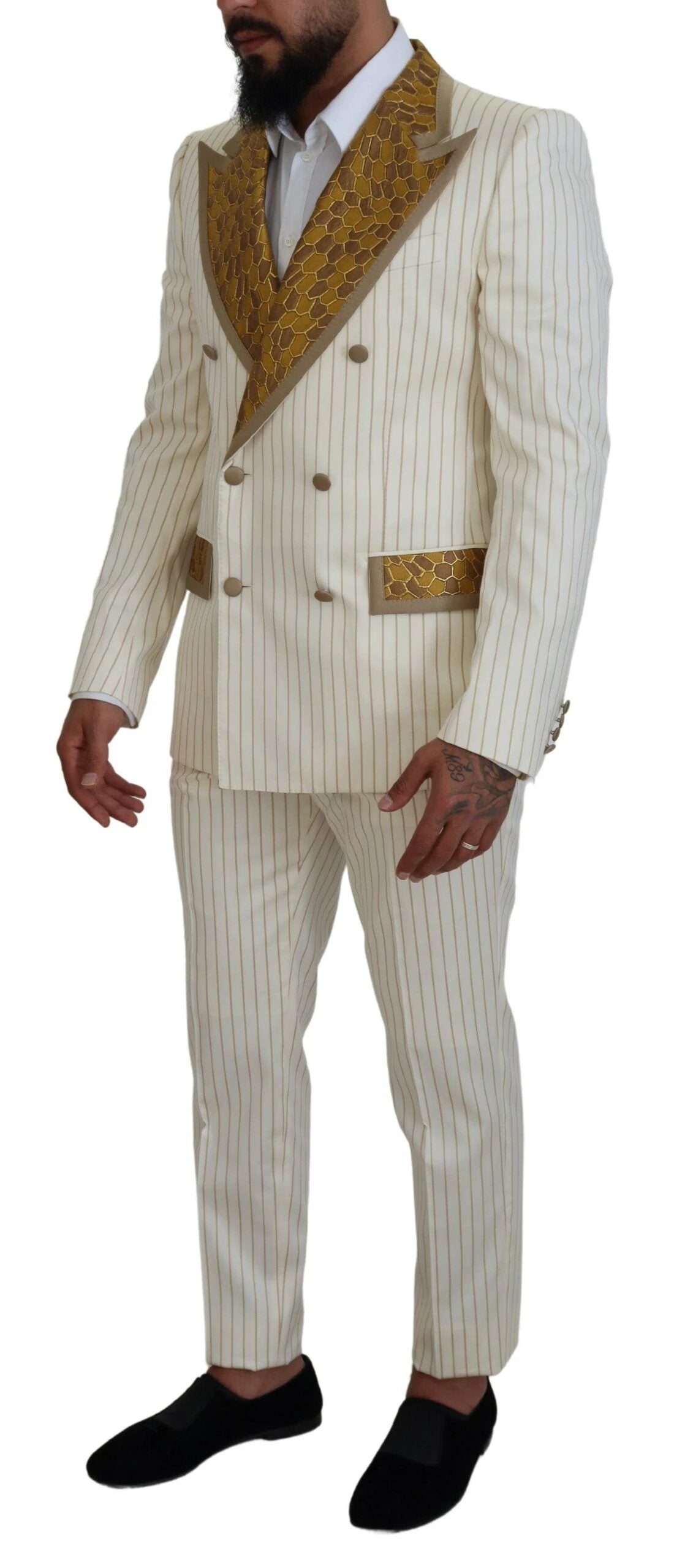 Dolce & Gabbana Off White Gold Striped Tuxedo Slim Fit Suit by Dolce & Gabbana