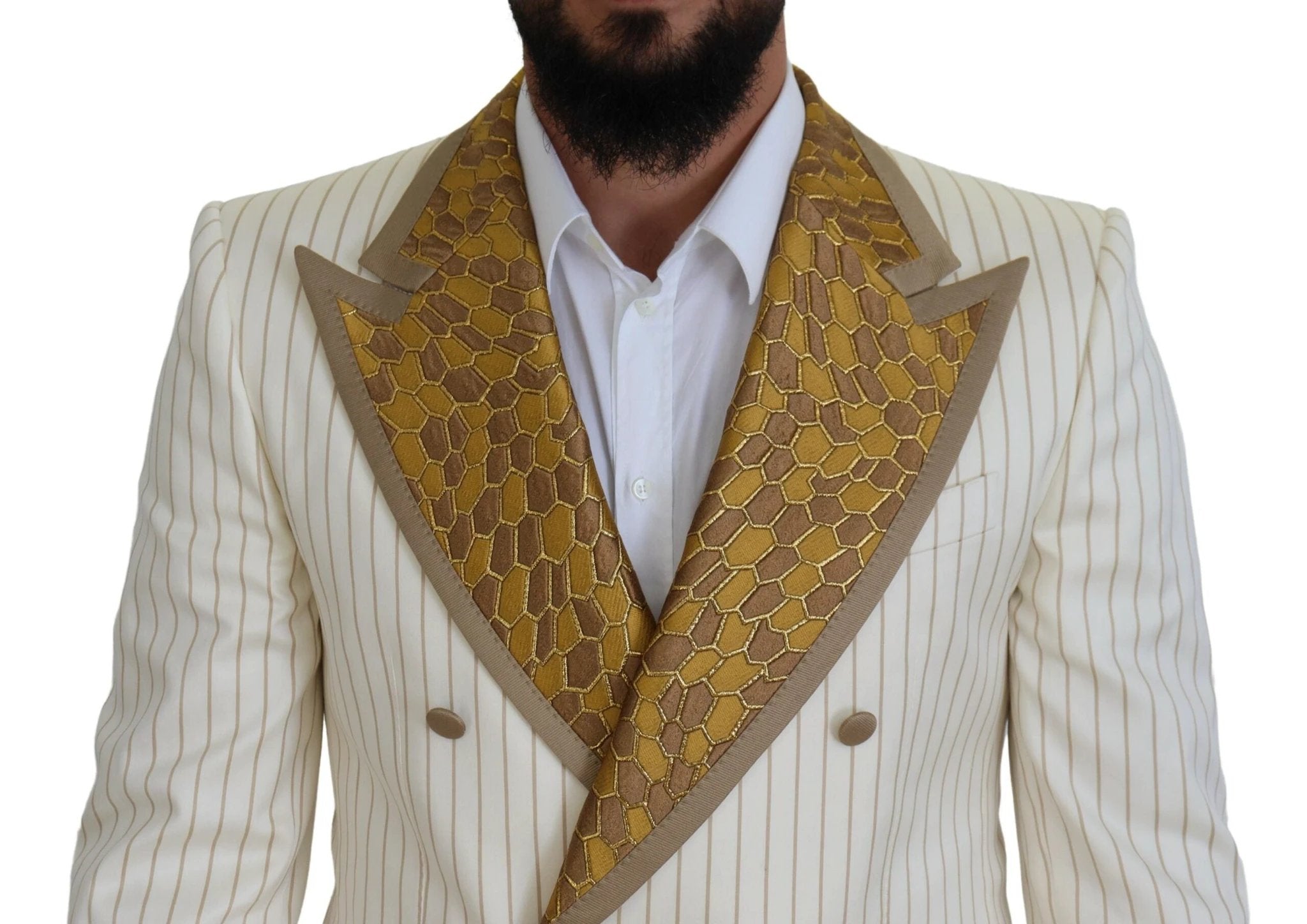 Dolce & Gabbana Off White Gold Striped Tuxedo Slim Fit Suit by Dolce & Gabbana